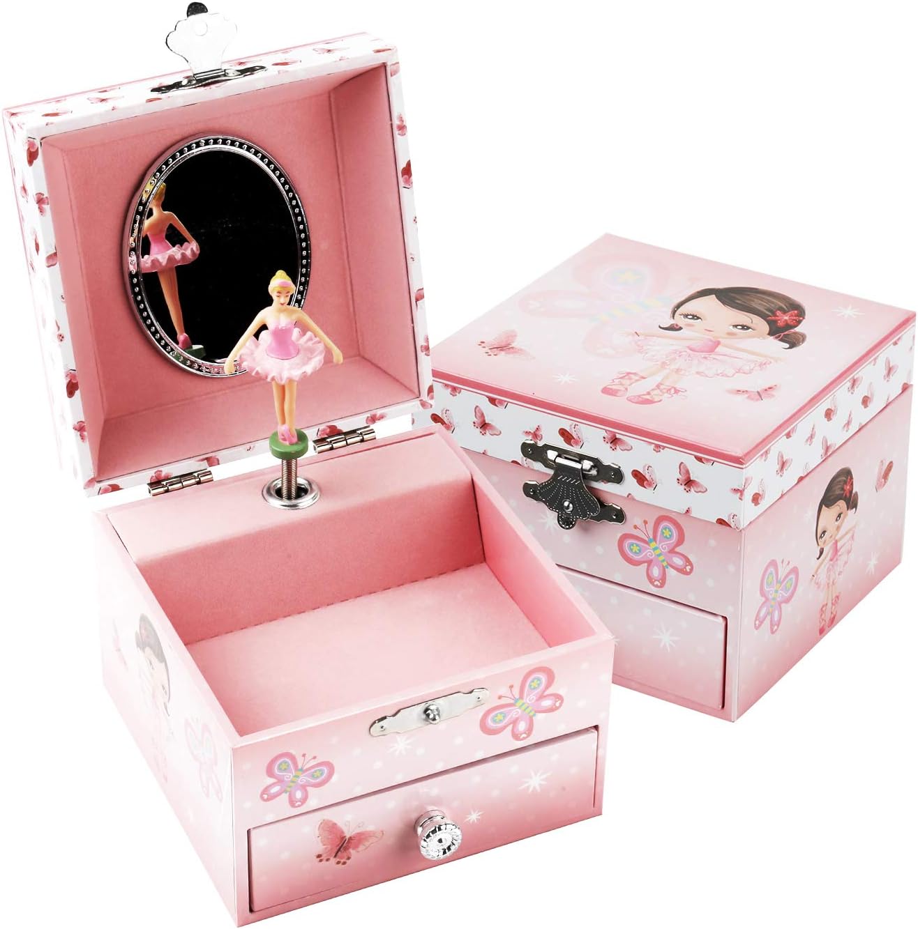 Girl's Musical Jewellery Storage Box With Pullout Drawer and Spinning Ballerina, Music Box for Kids Jewel Storage for Ages 3-10 Girls Gift