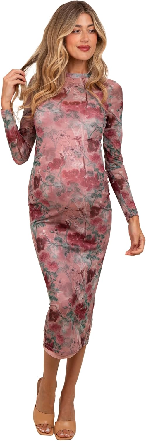 PinkBlush Floral Printed Mesh Overlay Maternity Maxi Dress