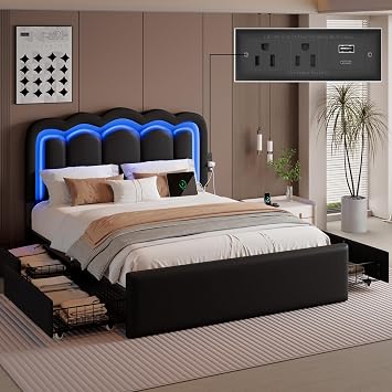 E-Motie Full Size Bed Frame with LED Lights and Storage Drawers, Black
