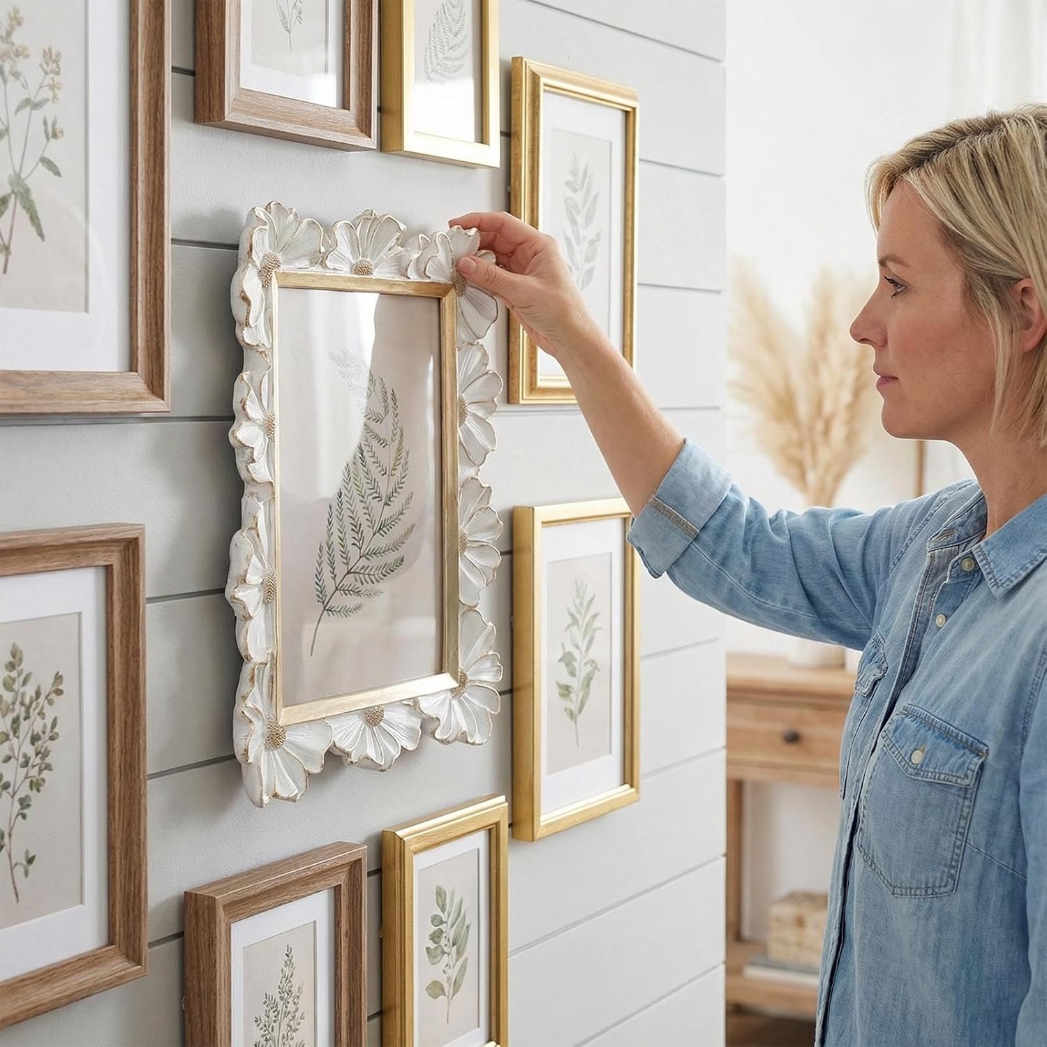 5 x 7 Inch Decorative Picture Frame with Floral Border, Vintage Style Photo Frame for Tabletop Display or Wall Hanging , Hand Carving Artwork Border for Home Decor, Desk, Family Photos (White, 5X7)