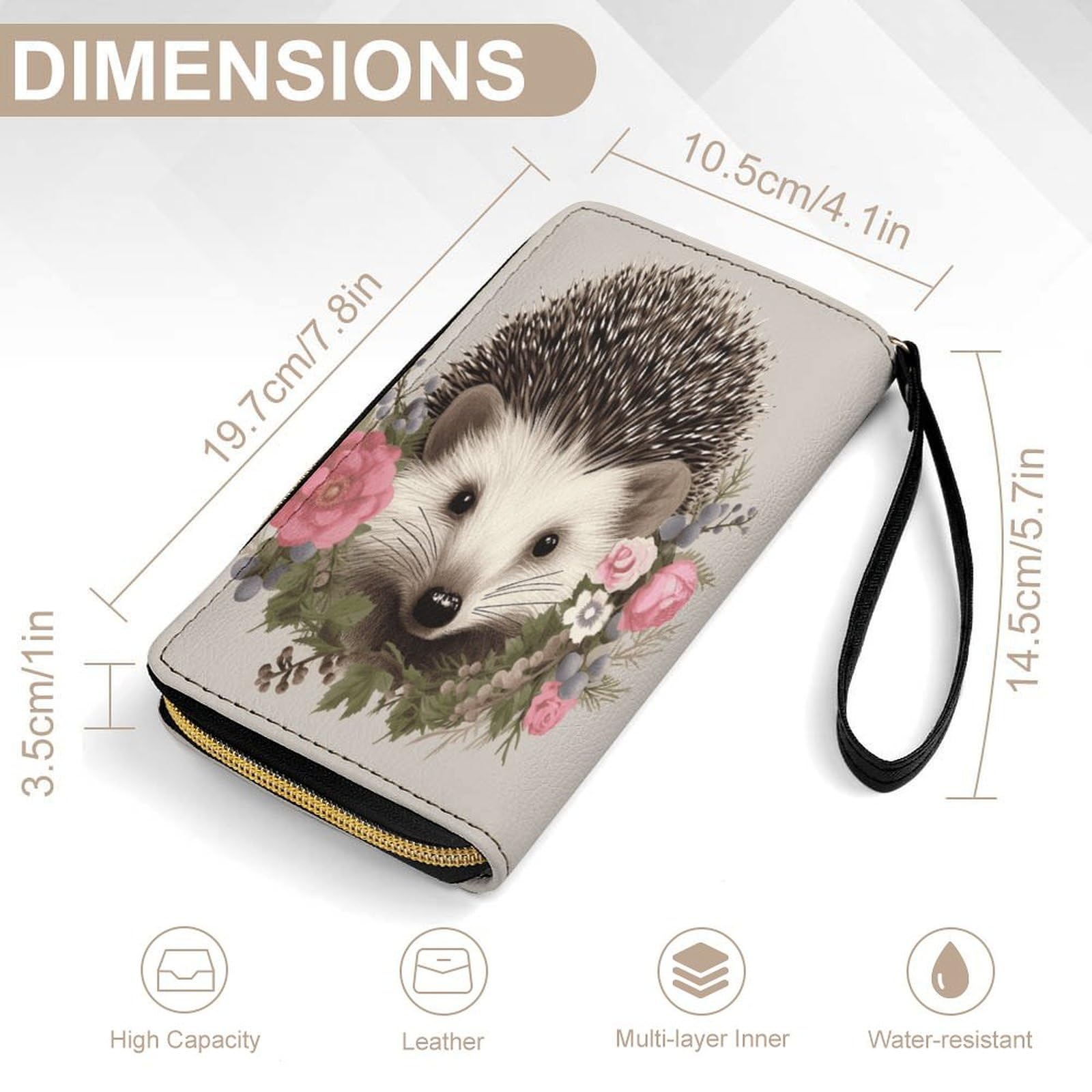 Large Wallet Novelty Hedgehog in Floral Wreath Printing Long Wallet With Zipper Leather Wallet Suitable For Both Men And Women