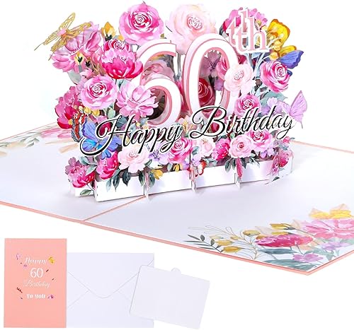 Tarjeta desplegable de 60 cumpleaños para ella, tarjeta de felicitación desplegable de feliz 60 cumpleaños para mujeres, hermosa tarjeta de