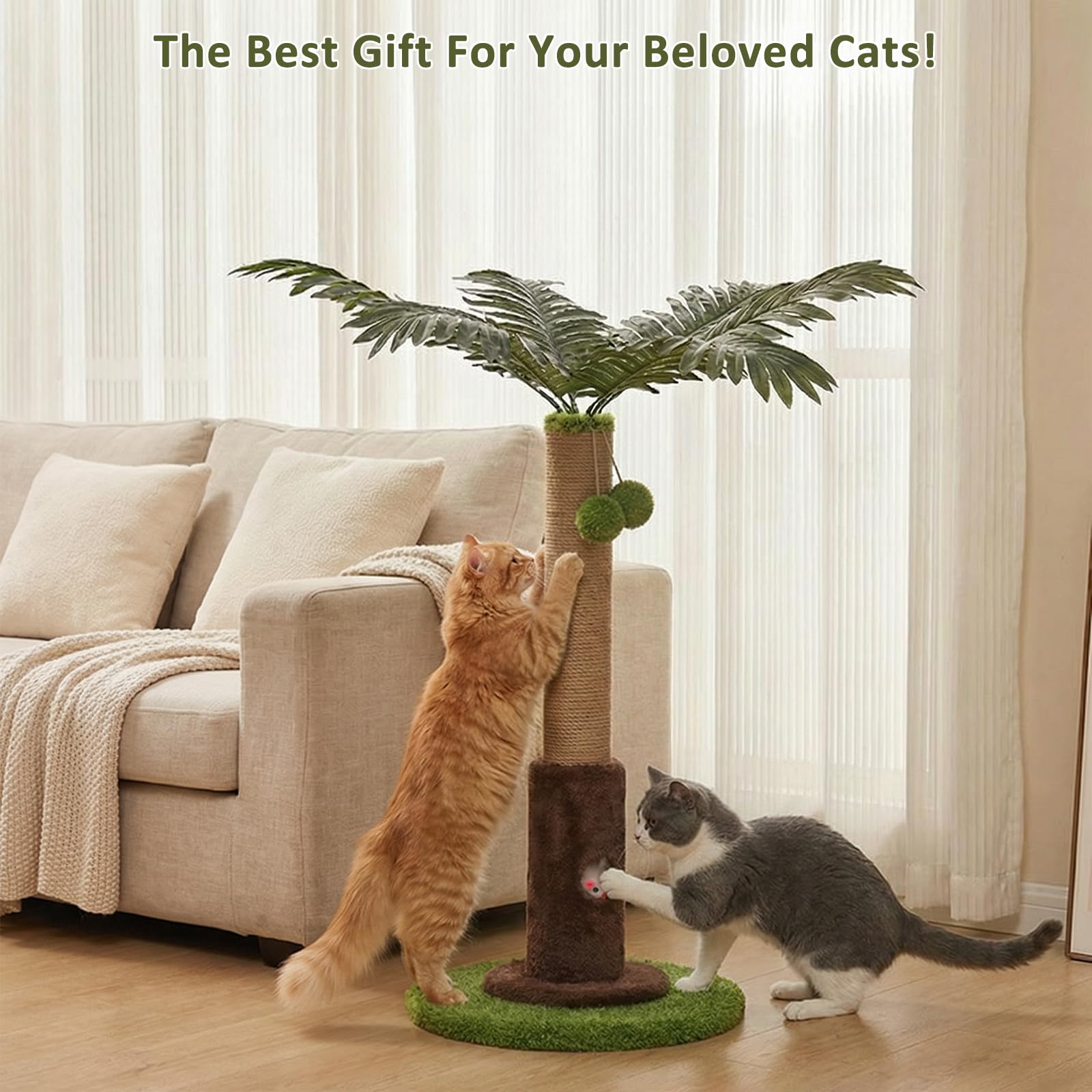 93 cm Kratzbaum, niedlicher Sisalseil-Kratzbaum mit baumelnden Bällen für Kätzchen & kleine Indoor-Katzen, langlebige und interaktive Kratzbäume (L)
