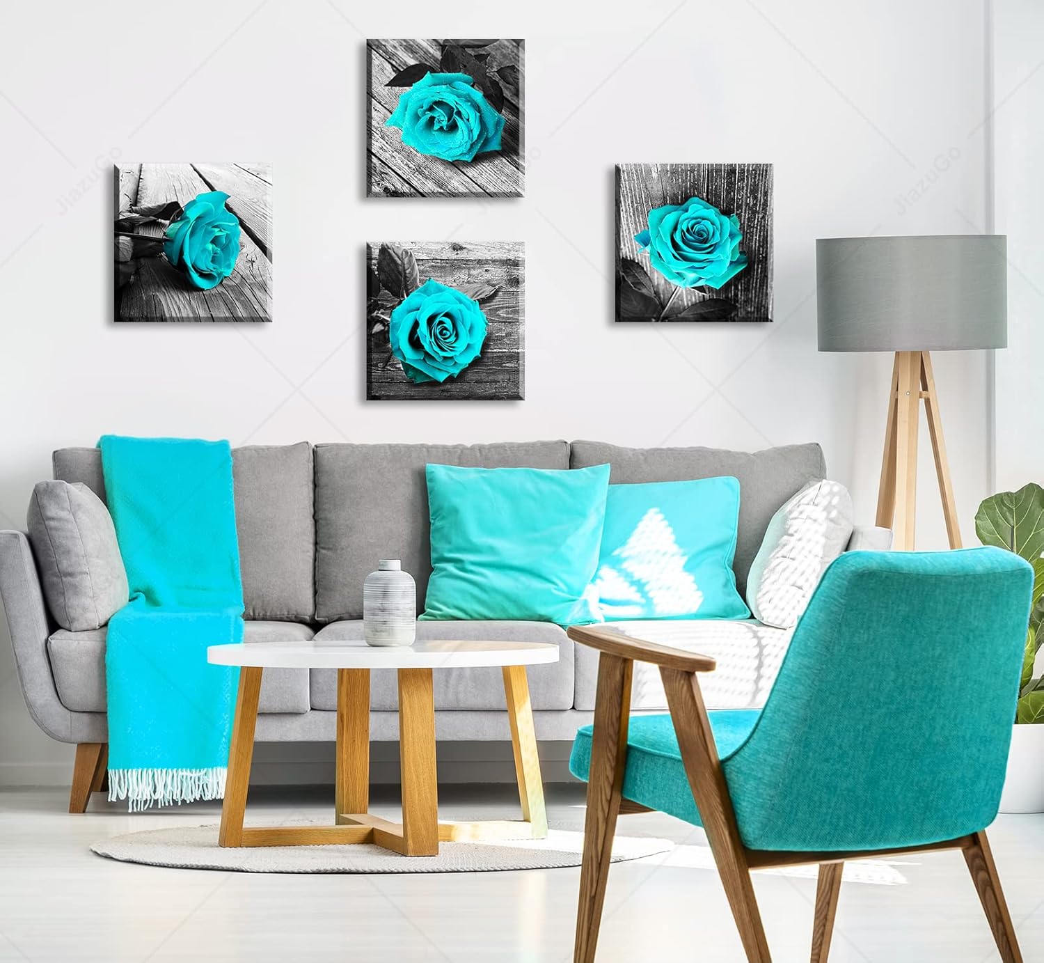 JiazuGo Teal Wall Decor Rose Flower Canvas Prints Black and White Wall Art for Home Rose Floral Turquoise Decor Modern Bedroom Pictures Bathroom Decorations Stretched and Framed Ready to Hang - Image 4