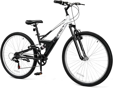 CamPingSurvivals 26"/27.5" Full Suspension Mountain Bike, 7 Speed Womens & Mens Mountain Bike with Unique Drag-Reducing Frame & V Brake & Ergonomic Seat & All Terrain Tire for Adults