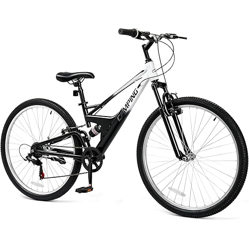 CamPingSurvivals 26"/27.5" Full Suspension Mountain Bike, 7 Speed Women's & Men's Mountain Bike with Unique Drag-Reducing Frame & V Brake & Ergonomic Seat & All Terrain Tire for Adults