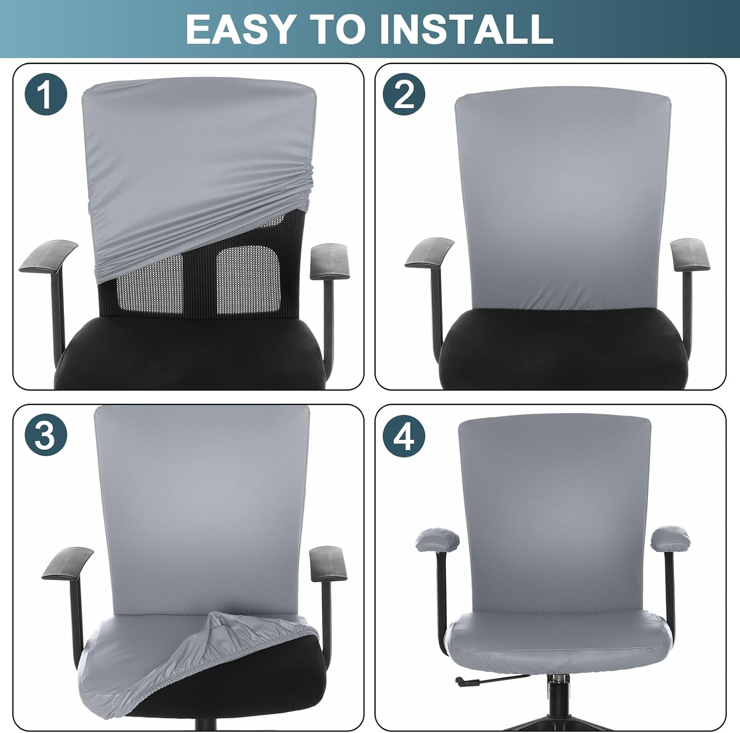 Tallew 4 Pcs Office Chair Covers PU Leather Office Desk Accessories Universal Computer Chairs Cover Stretchable Protective Chair Seat Covers Desk Armrest Cover Slipcovers Rotating Backrest(Grey) image 5