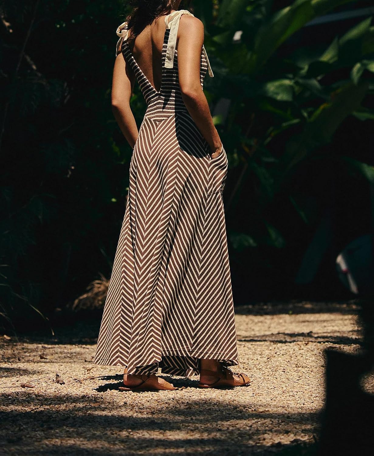 BONVEN Womens Boho Striped Smocked Maxi Dresses Deep V Neck Beach Sundress Summer Casual Dress with Pockets - Image 3