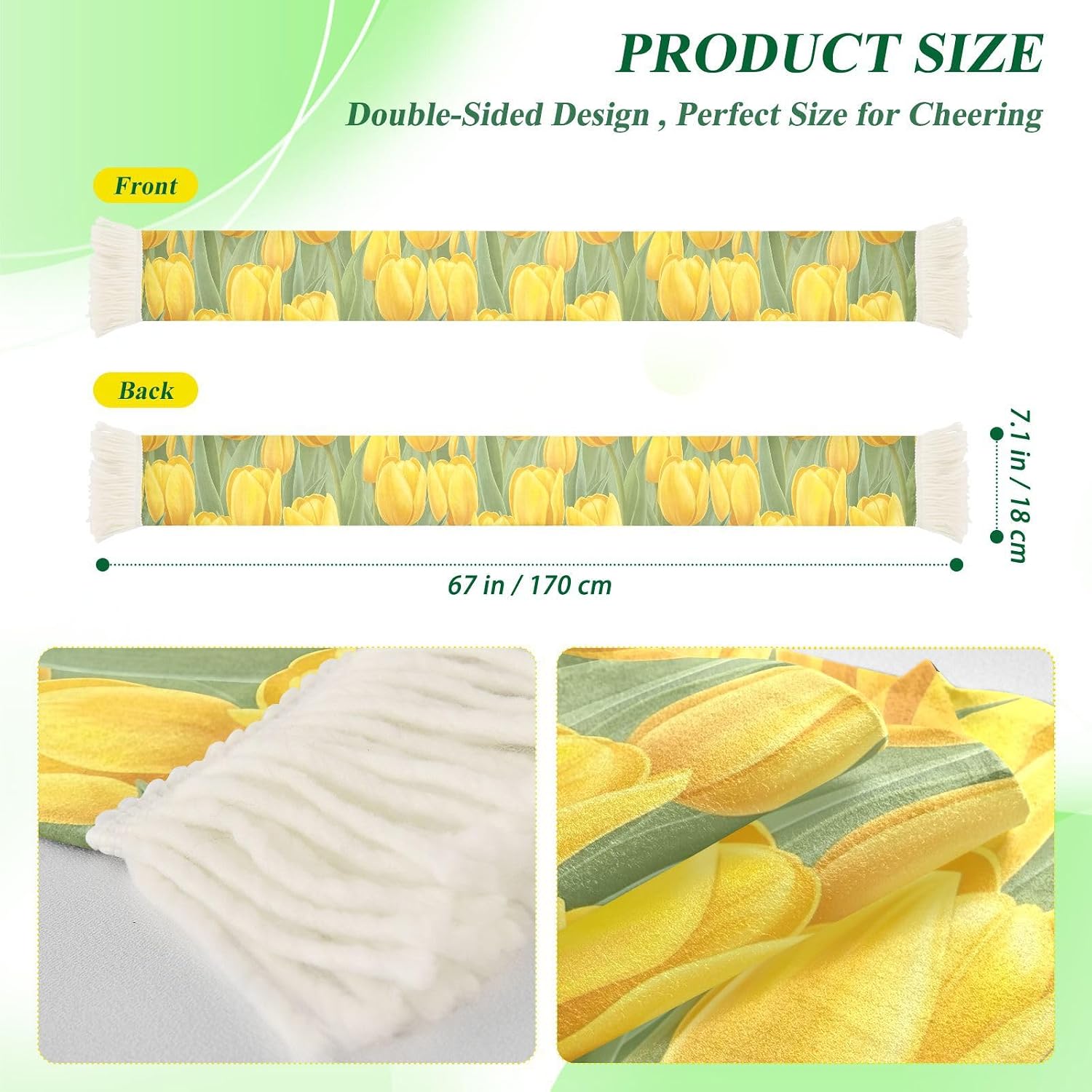 CHIFIGNO Yellow Tulips Green Leaves Sports Fan Scarf, Soft Absorbent Sweat Towel Wrap for Soccer Games, Cheering Rally Accessory