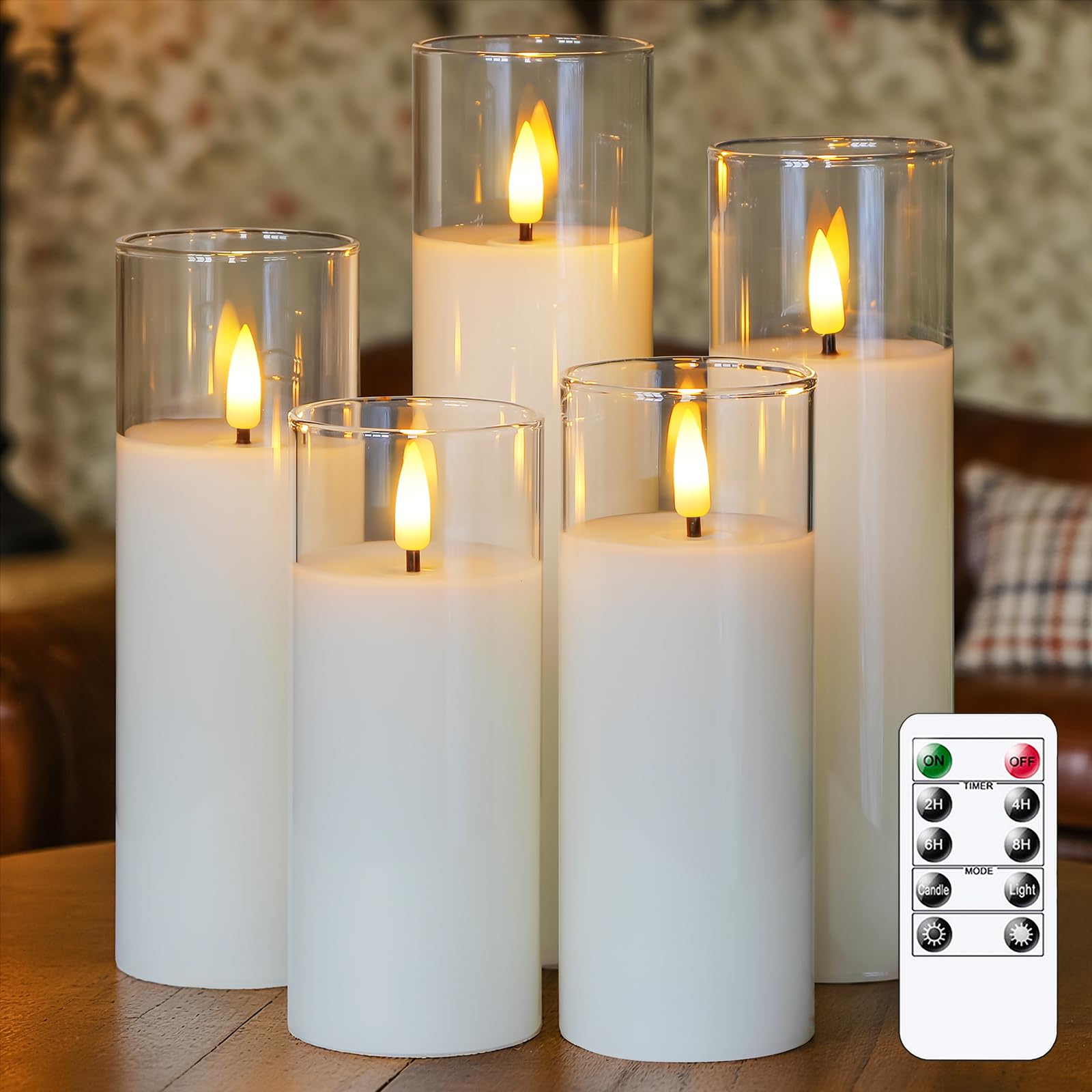 Bryxidor Ivory Clear Real Glass And Wax Flameless Remote Led Candles, Pack Of 5 Timer Function Flickering Battery Operated Long Lasting 5Cm X13 14 16 18 20Cm Pillar For Home Decor