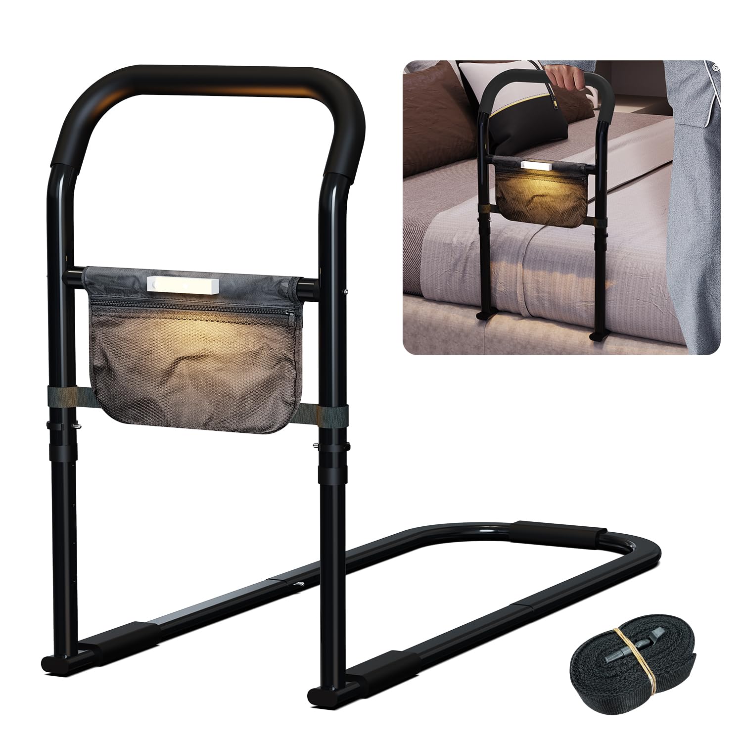 Zelvia Sponda letto Anziani, manico regolabile in altezza, con manico antiscivolo, luce a LED rimovibile con custodia, per anziani e pazienti di riabilitazione (Nero)