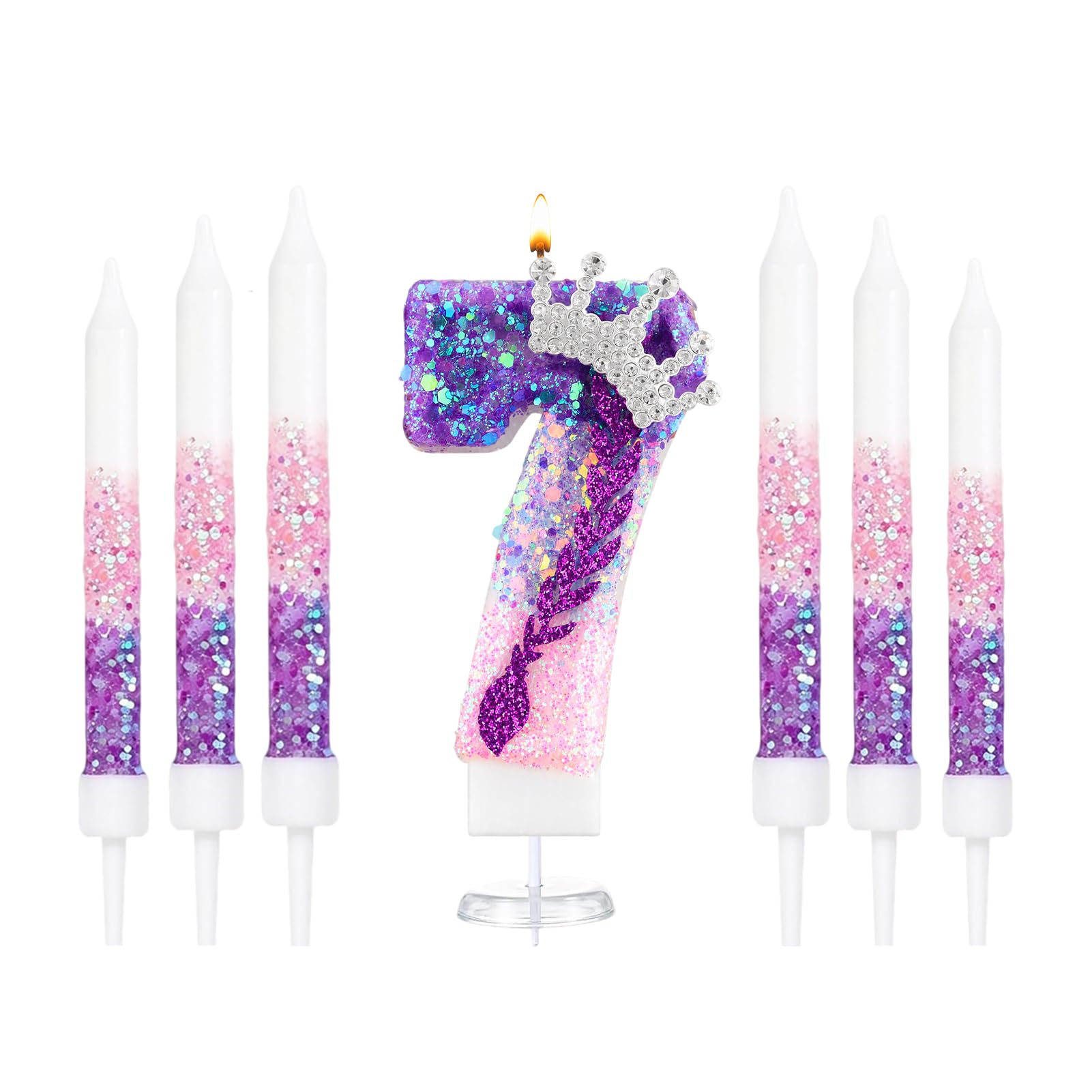 K Pop Number Birthday Candles, Glitter Crown Birthday Candle with 6 Pcs Long Candles, Stylish Kpop Music Themed Cake Topper for Girls Birthday Party Supplies (7 Candle,K Pop)
