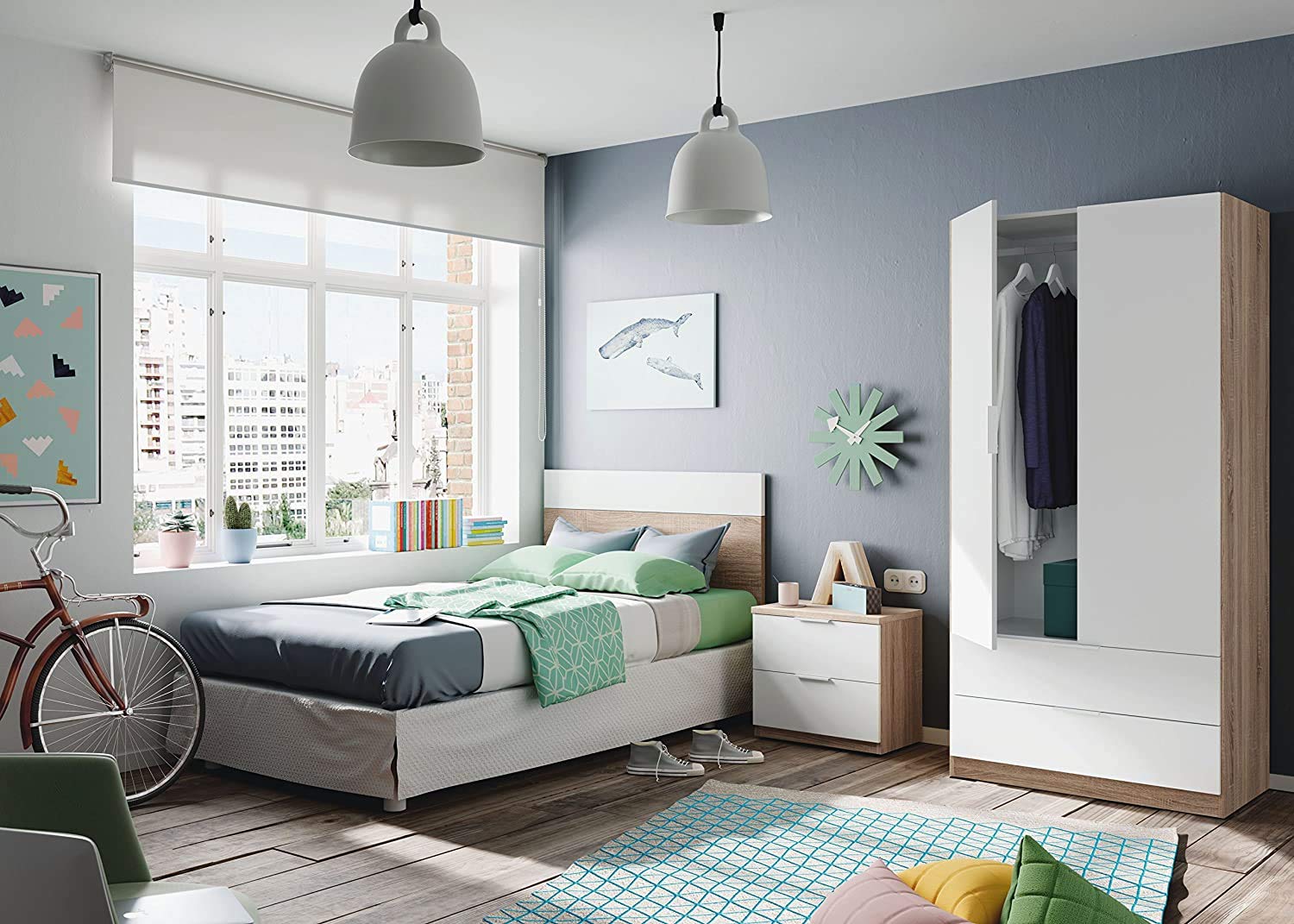 Mobelcenter – Cabezal y Mesita de Noche Juvenil Mediterráneo – Cabecero y Mesita Juvenil Color Roble Canadian y Blanco Artik – Medidas: Ancho: 150 cm x Fondo: 38 cm x Alto: 95 cm - (0897)
