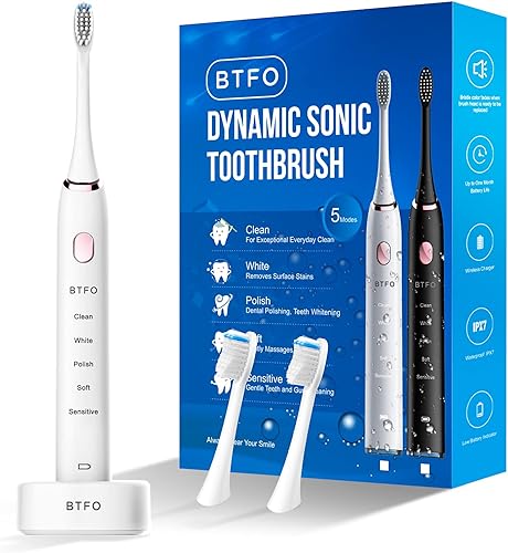 Miniatura 1 de BTFO Cepillo de dientes eléctrico sónico con 5 modos, 2 cabezales de cepillo de repuesto recargables por USB, cepillo de dientes electrónico