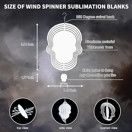 Miniatura 2 de Paquete de 4 hilanderos de viento de sublimación, escultura cinética de aluminio 3D con forma de calavera, molduras de suspensión giratorias para