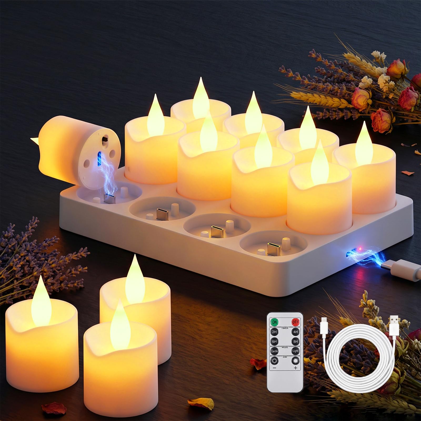 buways 12er LED Teelichter Wiederaufladbar mit Fernbedienung & Ladestation