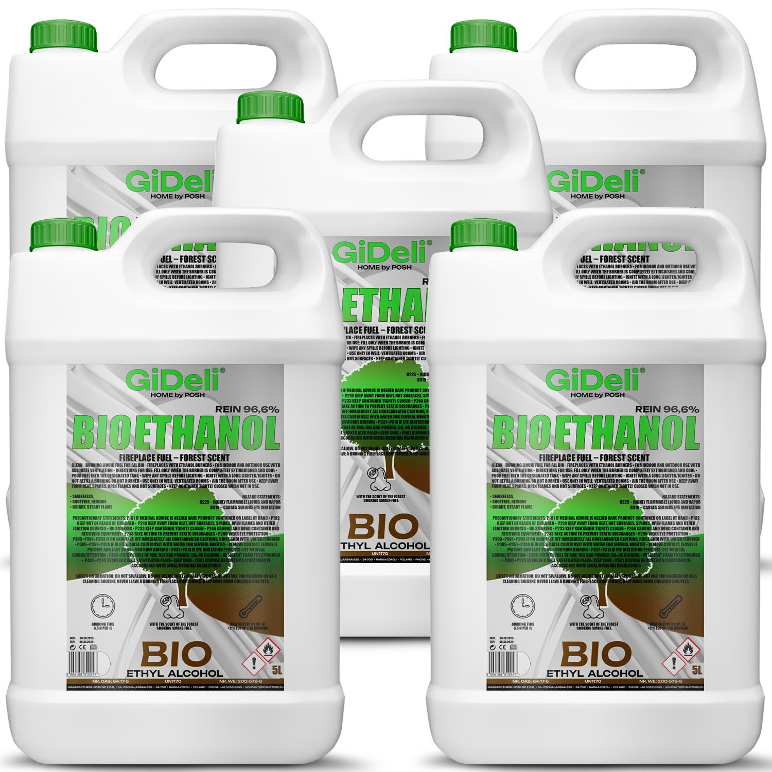 GiDeli Bioetanol 5 x 5 l de aroma bosque 96,6% etanol para interiores y exteriores, sin humo ni hollín, de maíz y remolacha azucarera