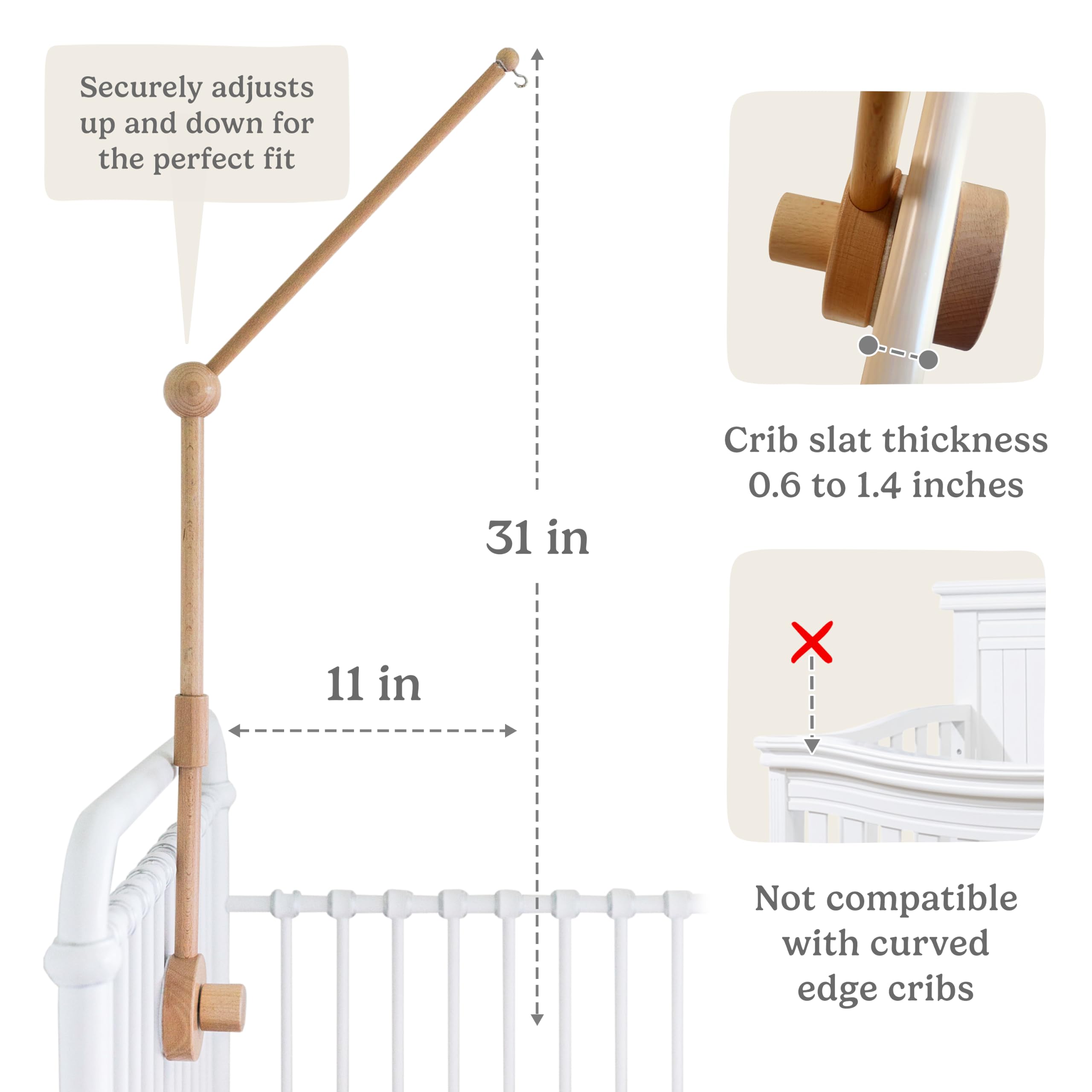 Soporte de madera para cuna de bebé, colgador móvil para cuna (31 pulgadas, 100% madera de haya natural), fuerte antideslizante, decoración de guardería y accesorios de regalo (original)