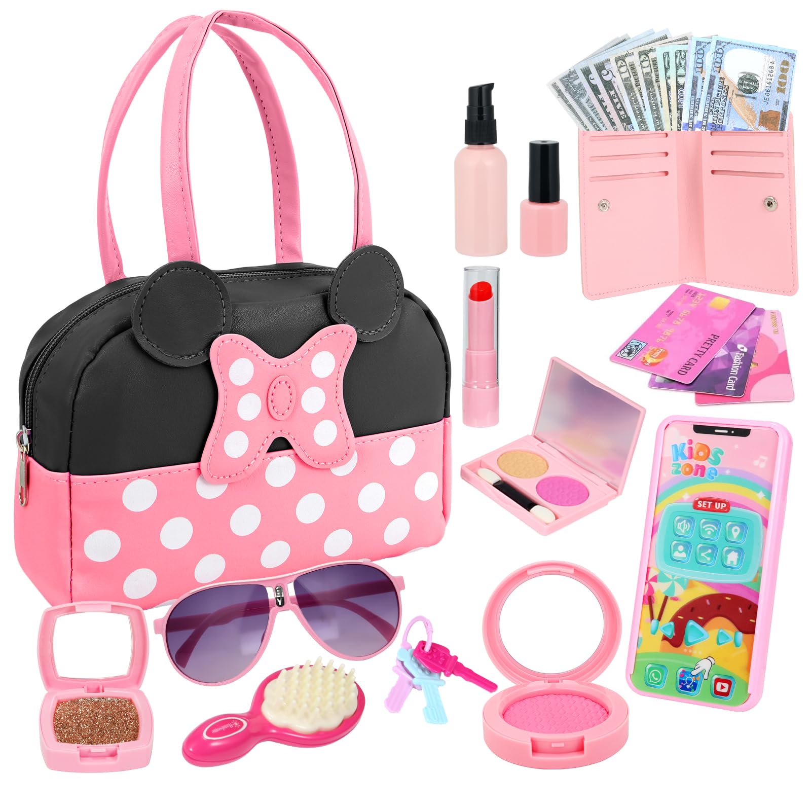 Pretend Play Purse for Little Girls, Toddler Purse with Pretend Makeup Toys for Toddlers, Princess Pretend Play Purse Toys with Accessories, Kids