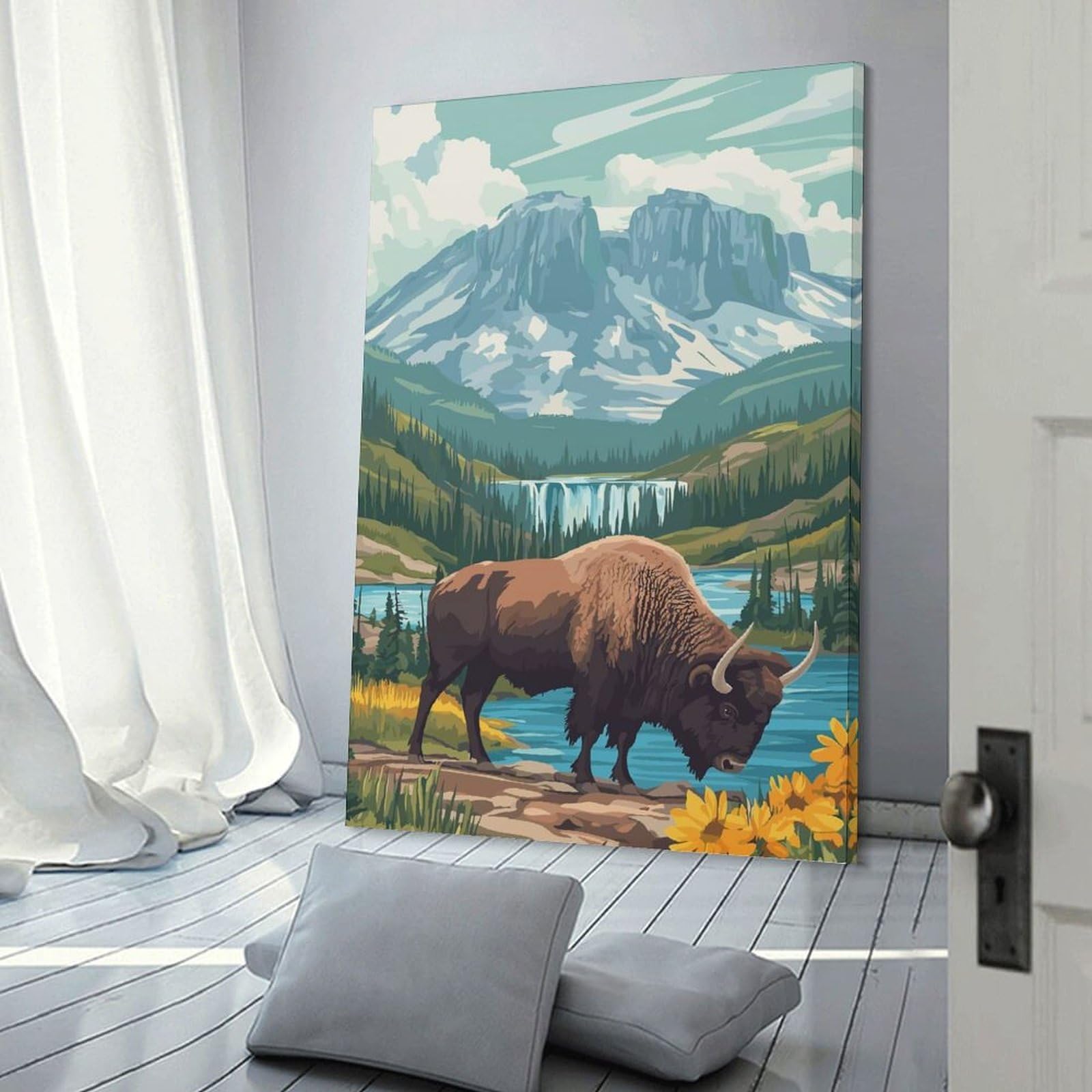 Junmoney Decorative Wall Artwork Bison by Waterfall, 24x36inch(60x90cm), for Corridors, Hallways Or Apartment Entries, Wall Decor to Refresh Empty Corners