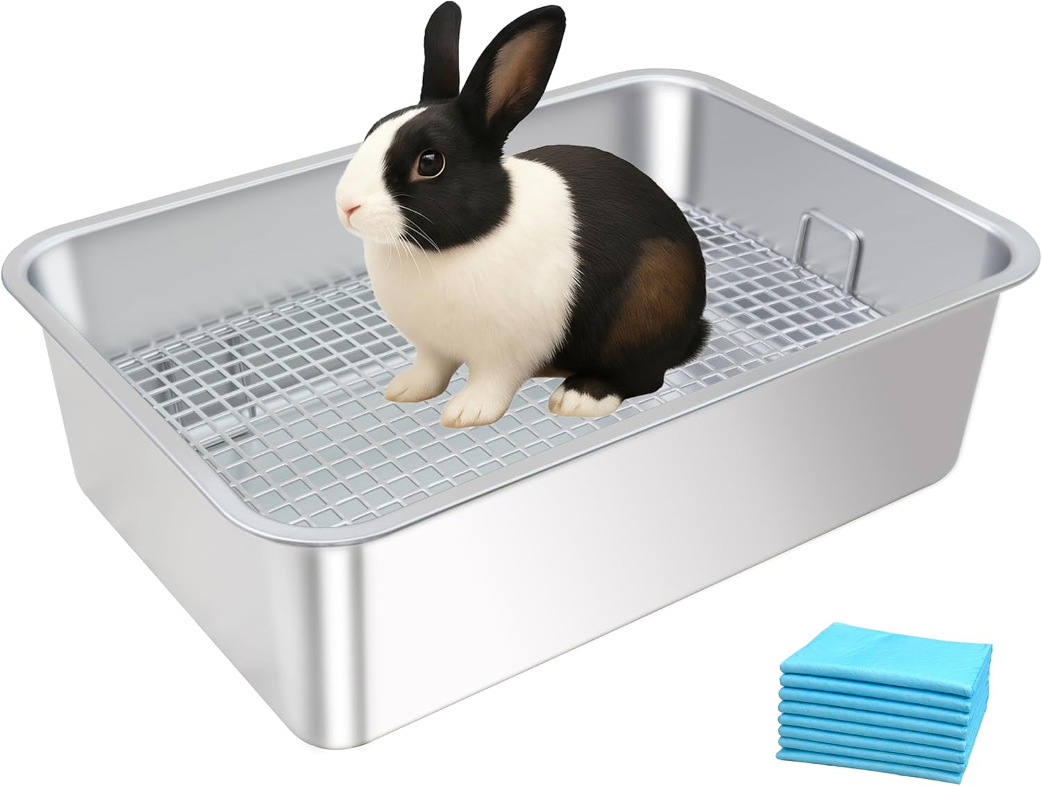 Stainless Steel Rabbit Litter Box,Bunny Litter Pan with Widened Grid,Toilet Tray,Deep Waste Storage