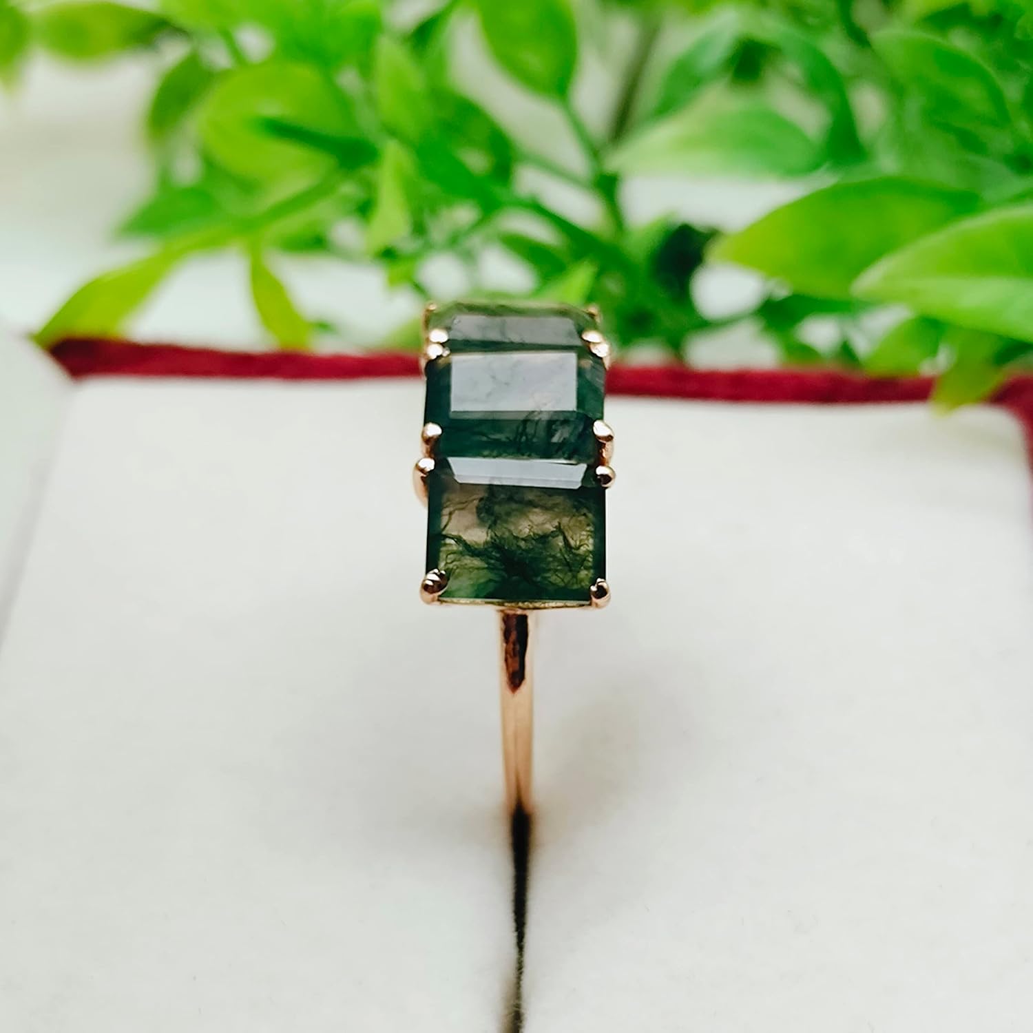 Emerald Cut Natural Moss Agate Ring Octagon Cut Agate Sterling Silver Ring Delicate Rose Gold Plated Three Stone Ring Promise Anniversary Ring for Women Christmas Gift By Forever Gems & Jewels