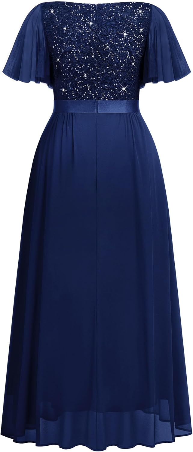 MISSMAY Women's Plus Size Sequin Lace V Neck Formal Wedding Guest Chiffon Maxi Dress - Image 6