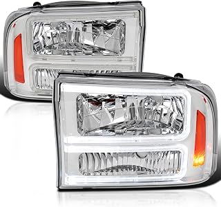 SPEC-D TUNING Chrome Headlights with LED Bar | For 1999-2004 Ford F-250, F-350, F-450 SuperDuty, 2000-2004 Excursion
