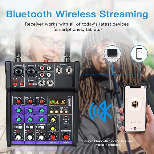 Miniatura 2 de Mezclador de audio de 4 canales para DJ con micrófono inalámbrico doble, consola de placa de sonido, MP3, Bluetooth, 48V, alimentación fantasma,