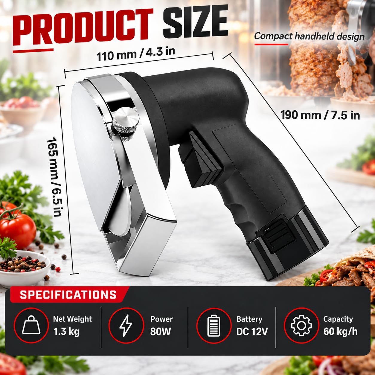 Affettatrice Kebab elettrica, 80 W, Senza Fili, Spessore da 1-8 mm