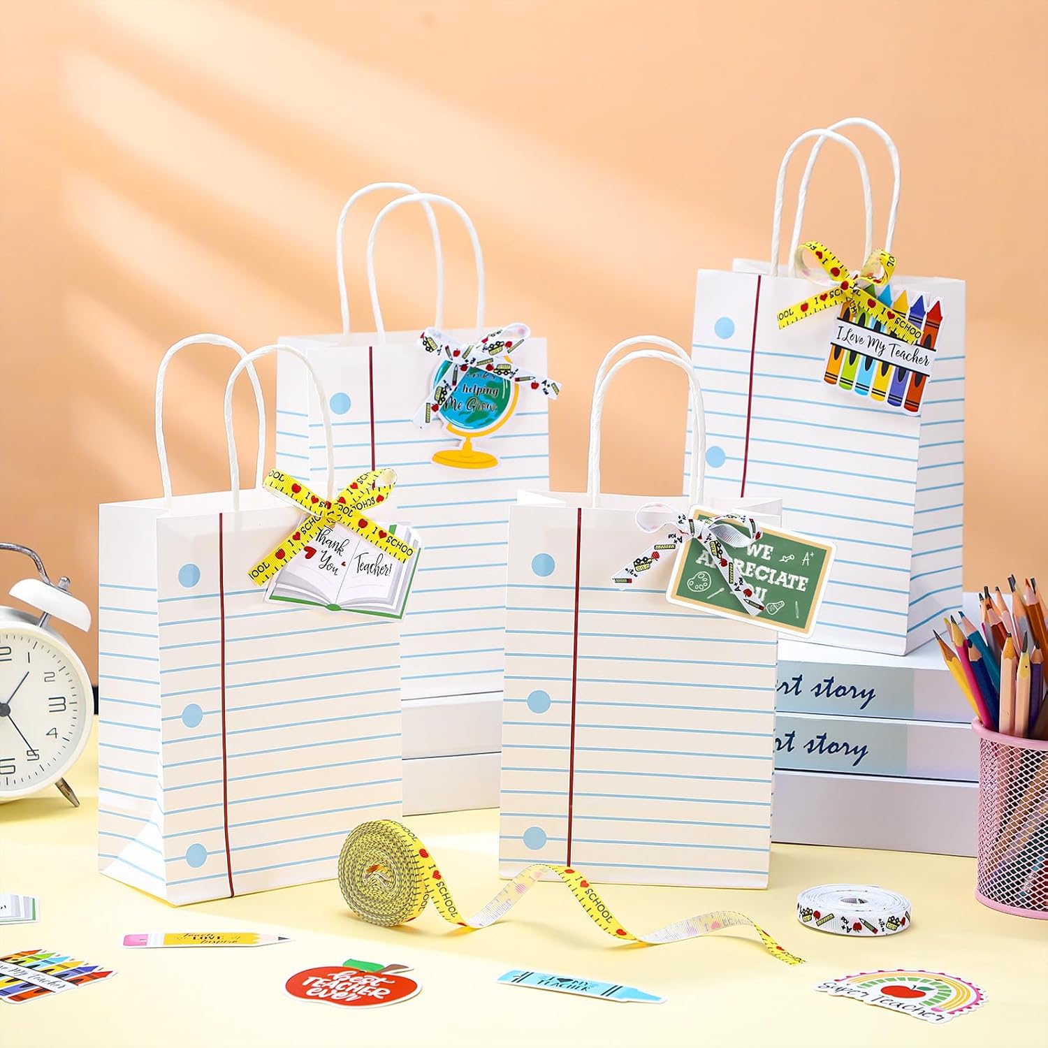 Kolldenn 24 Sets Teachers Appreciation Gift Bags Bulk with Thank You Teacher Paper Tag and Teacher Ribbon Gift for Graduation Retirement Day Back to School Party Favors