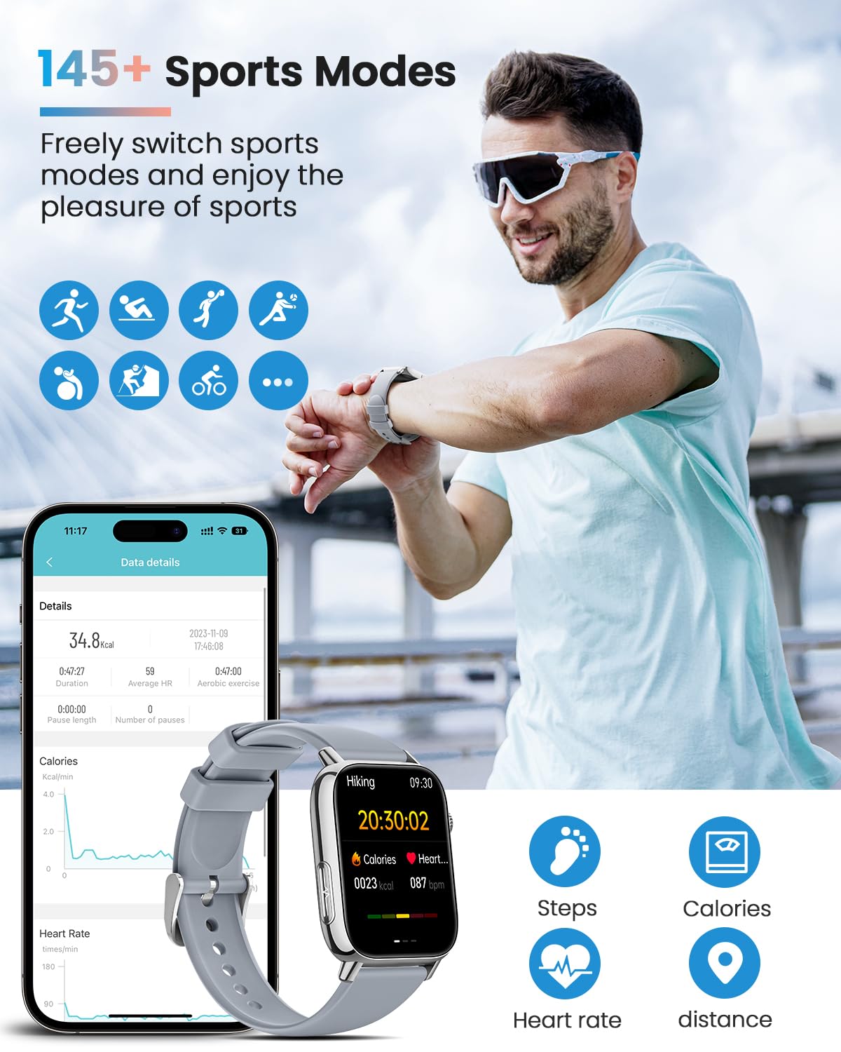 BANLVS Smartwatch Uomo Donna con 𝐆𝐥𝐢𝐜𝐞𝐦𝐢𝐚/HRV/ECG, 1,83" Smart Watch Orologio con Bluetooth Chiamate, SpO2, Cardiofrequenzimetro Sonno 145+ Sport IP68 Notifiche Messaggi Android iOS Argenteo