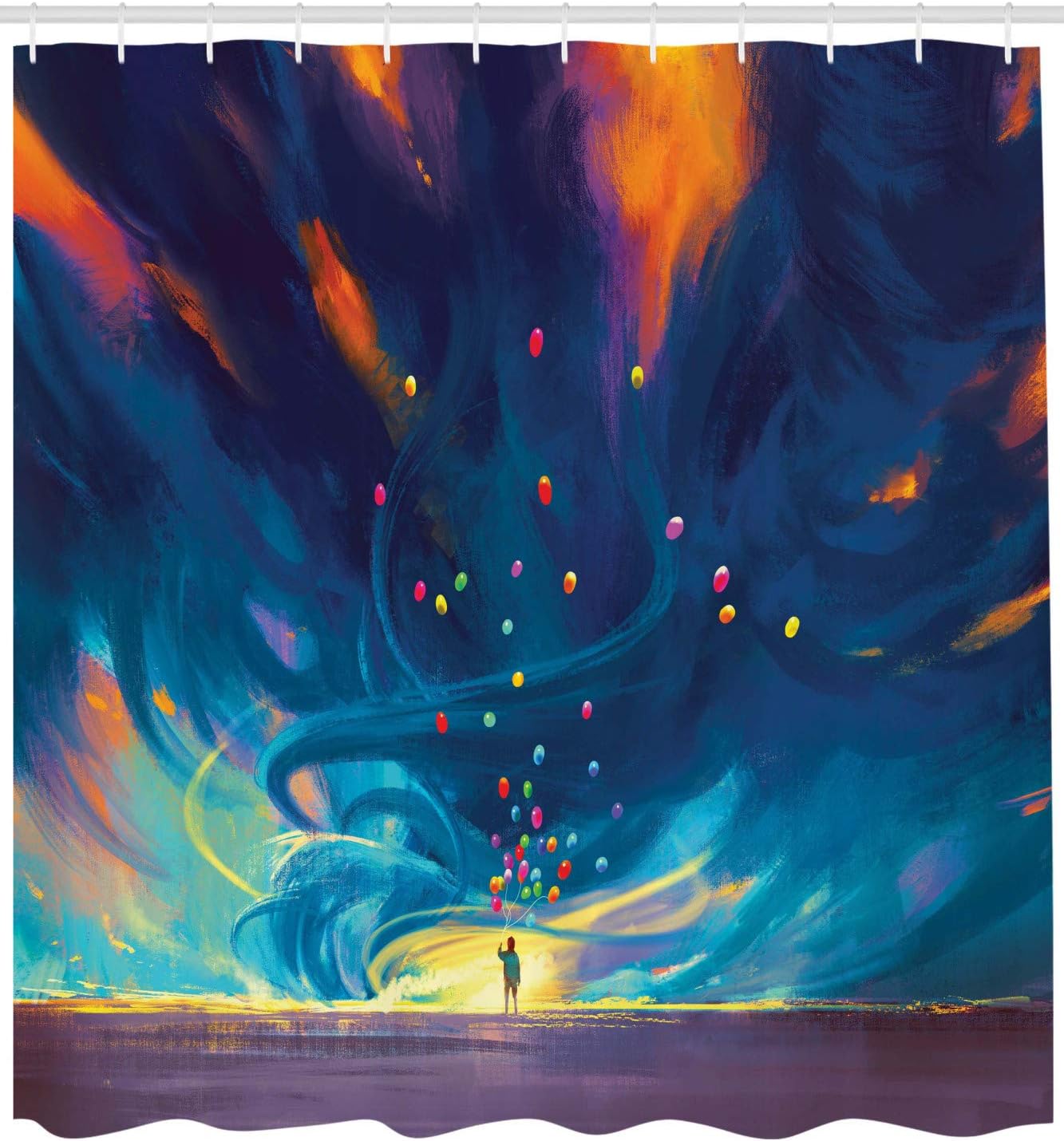Ambesonne Abstract Shower Curtain, Holding Balloons and Standing in Front of The Imaginary Storm Creative Style of an Artwork, Cloth Fabric Bathroom Decor Set with Hooks, 69" W x 84" L, Orange Blue