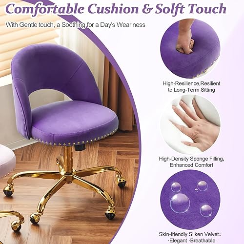 Vista 86 de VINGLI Silla de oficina pequeña de terciopelo moderna, bonita silla de escritorio con ruedas, base dorada/tachuelas, cómoda silla giratoria sin Beige