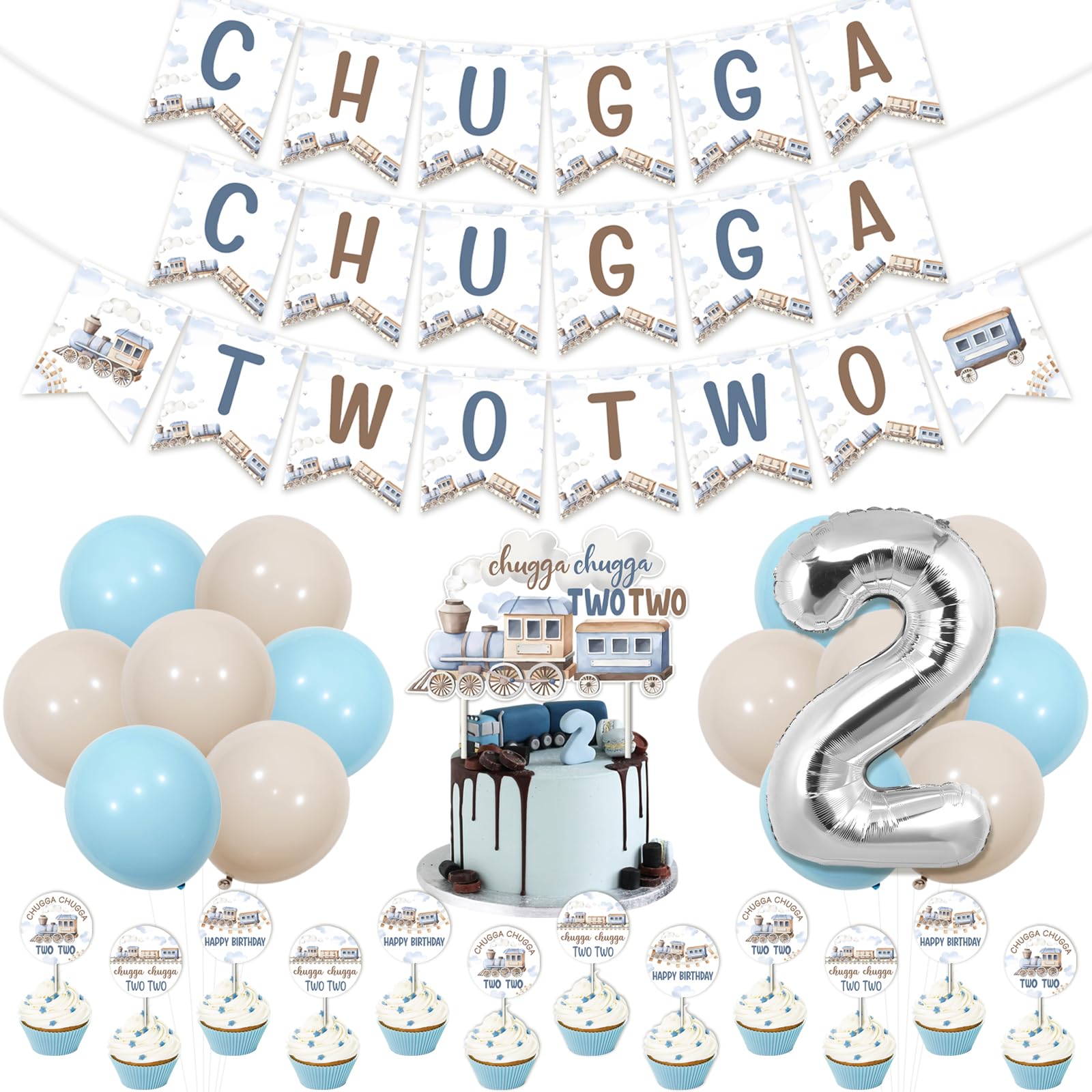 Balterever Chugga Chugga Two Two Party Decorations Vintage Railroad Crossing Train 2nd Birthday Party Supplies with Chugga Chugga Two Two Birthday