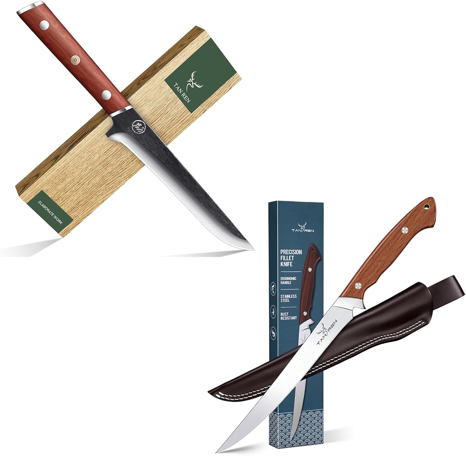 TAN REN 6 Inch Boning Knife for Meat Cutting and 9 Inch Full Tang Fish Fillet Knife with Wood Handle