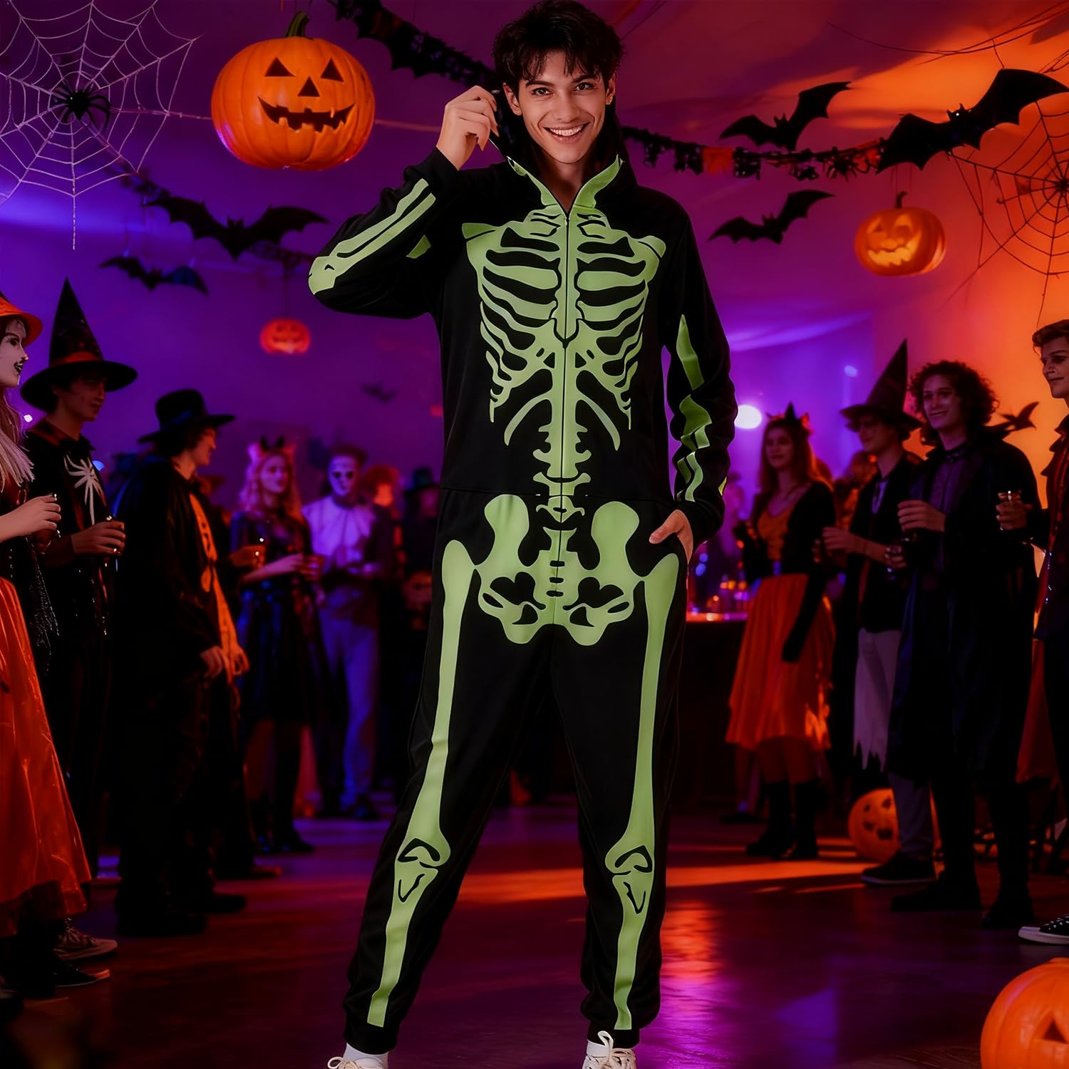 Disfraz unisex de esqueleto para adultos, overol de pijama que brilla en la oscuridad con cremallera y capucha para Halloween
