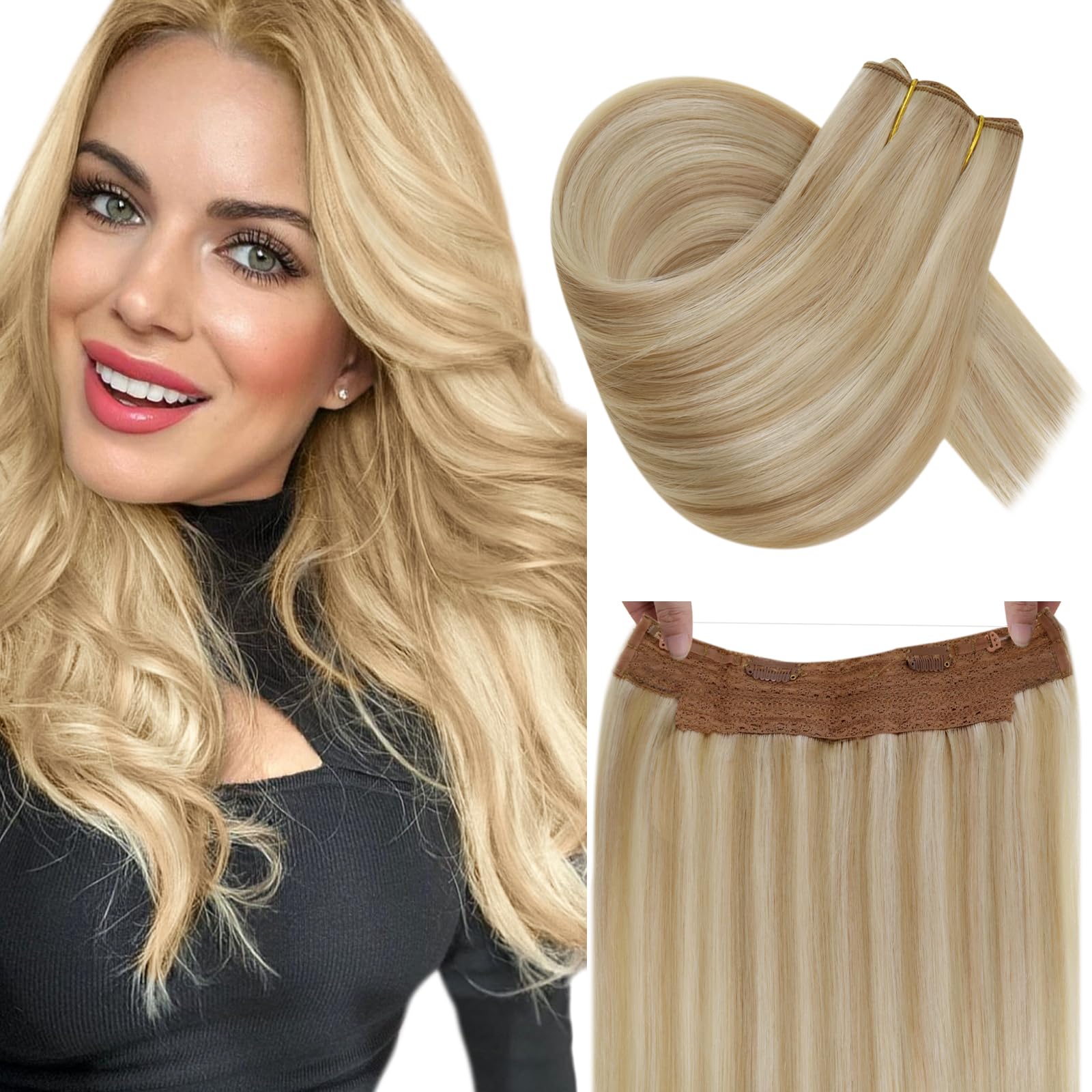 RUNATURE Blonde Wire Hair Extensions Human Hair Highlighted Ash Blonde Invisible Wire Hair Extensions with Transparent One Piece Human Hair Extensions 16 Inch 80g