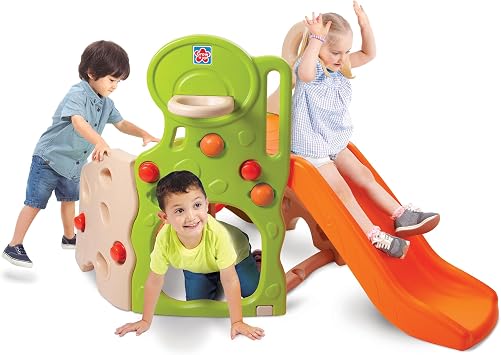 Grown Up Lil Adventurers Climber and Slide - 4-in-1 Toddler Play Center with Indoor Outdoor Slide, Basketball Hoop, Climbing Wall & Crawl Portholes - Easy Assembly Playset, Ages 1.5-4 Years