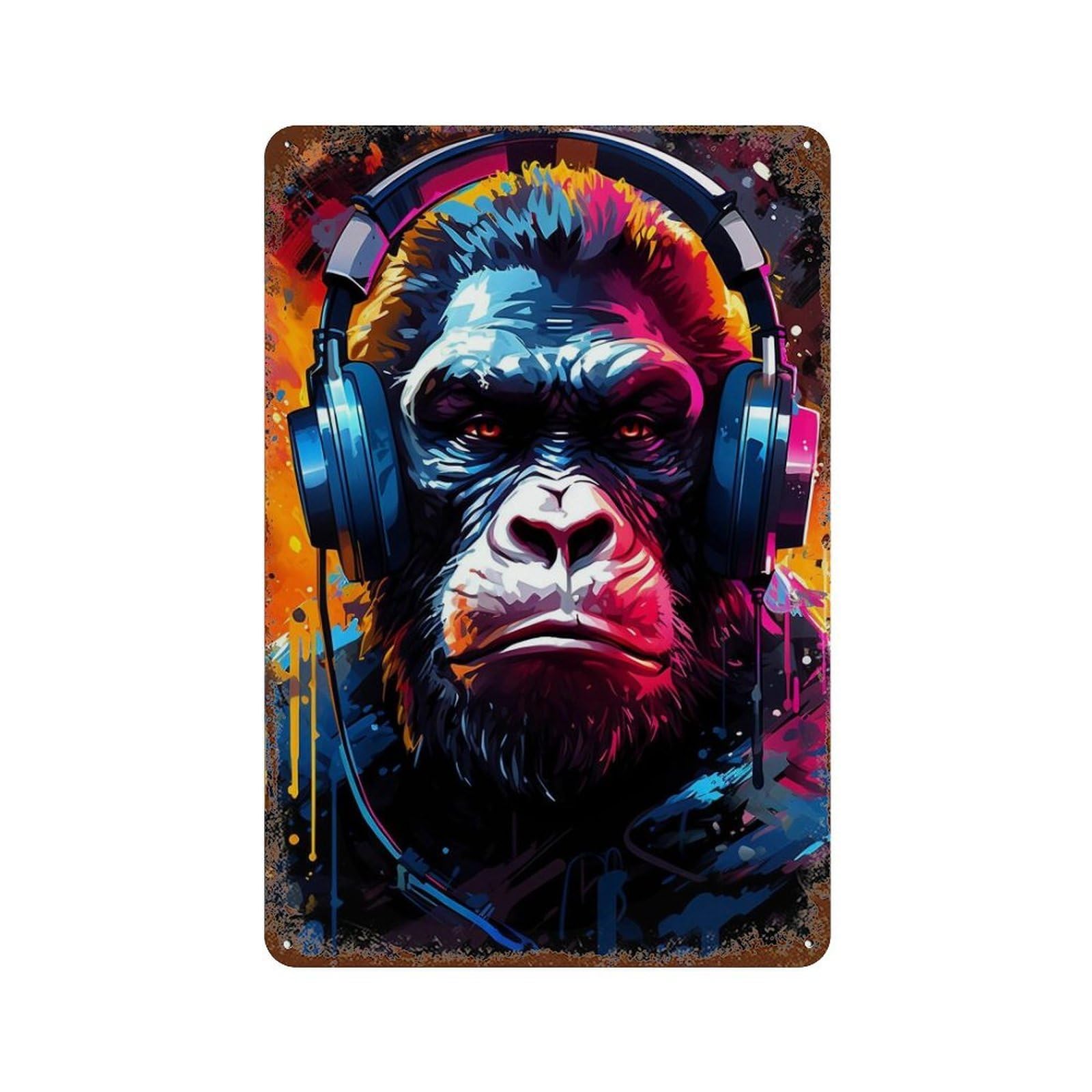 Gorilla Headphones Music Art Print-1 Rustic Tin Plaque 11.8"x7.9", Industrial Home Decor for Pub, Kitchen And Man Cave Decor