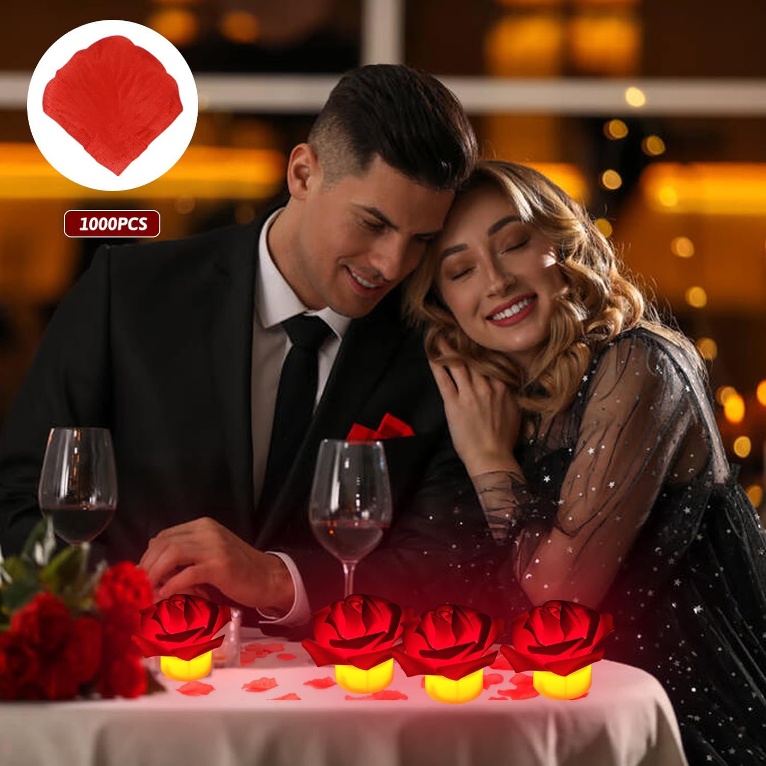 1000pcs Rose Petals and Candles Set, 12Pcs Heart Battery Tea Lights, Red LED Tealight Candles, Romantic Decorations Special Night
