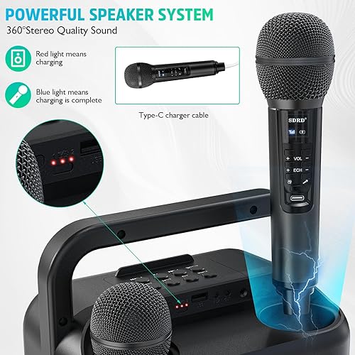 Miniatura 3 de Máquina de karaoke con dos micrófonos inalámbricos, altavoz Bluetooth portátil para adultos y niños, sistema PA recargable para fiesta en casa,