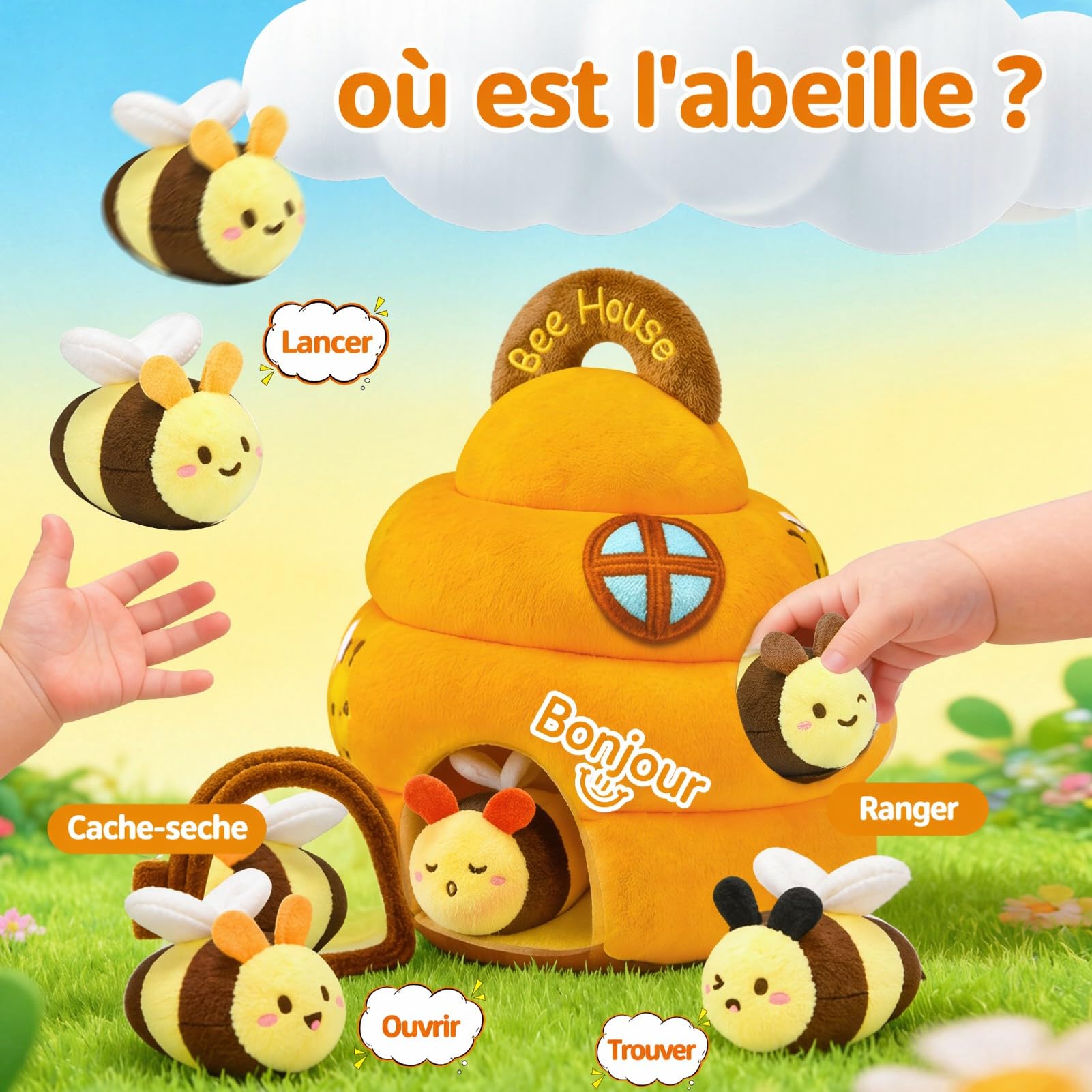 Jouet pour bébé de 6 à 12 mois, ruche avec 5 abeilles, jouet sensoriel Montessori avec musique, hochet, miroir, jeux éducatifs et jouets de motricité, cadeaux pour enfants de 1, 2, 3 ans