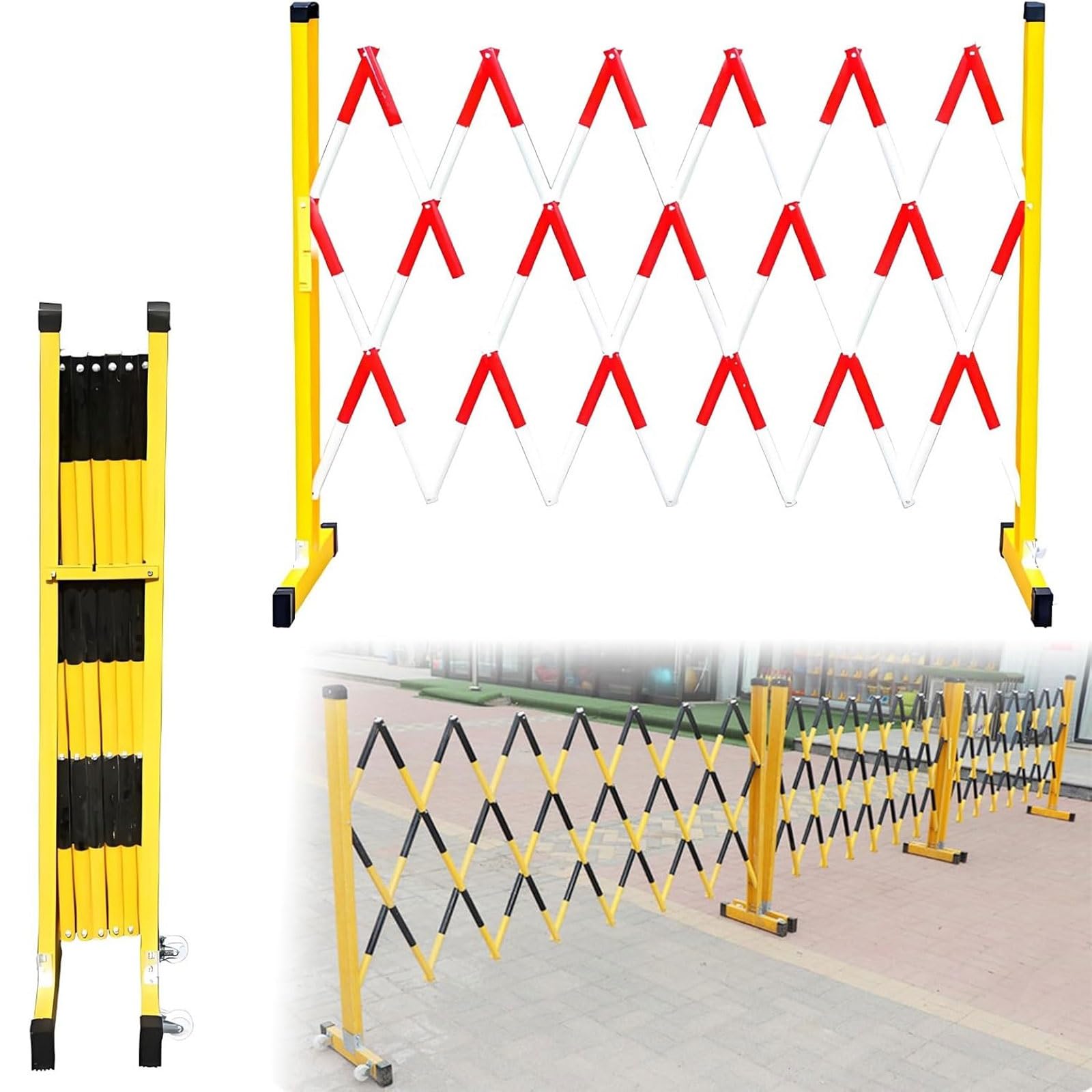 Valla de barrera industrial retráctil con ruedas, puerta plegable portátil para construcción y control de acceso, rojo y blanco, perfecta para entradas y seguridad en el sitio