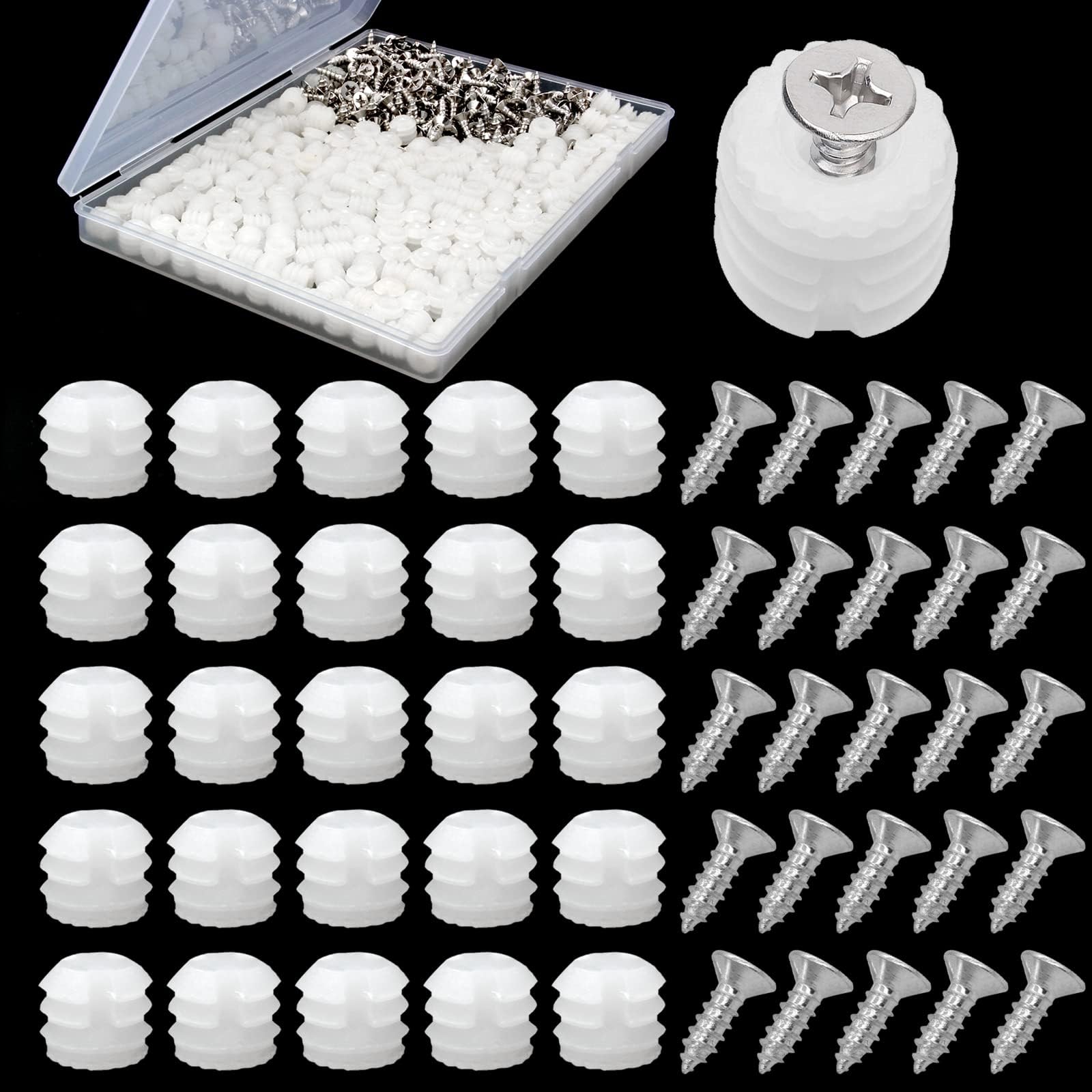 200 Pack Plastic Hinge Dowel Inserts with Screws, White Dowels Door Hinge for Cabinet Door Drawer Bedside Table Repair Installation Replacement Bathroom Kitchen