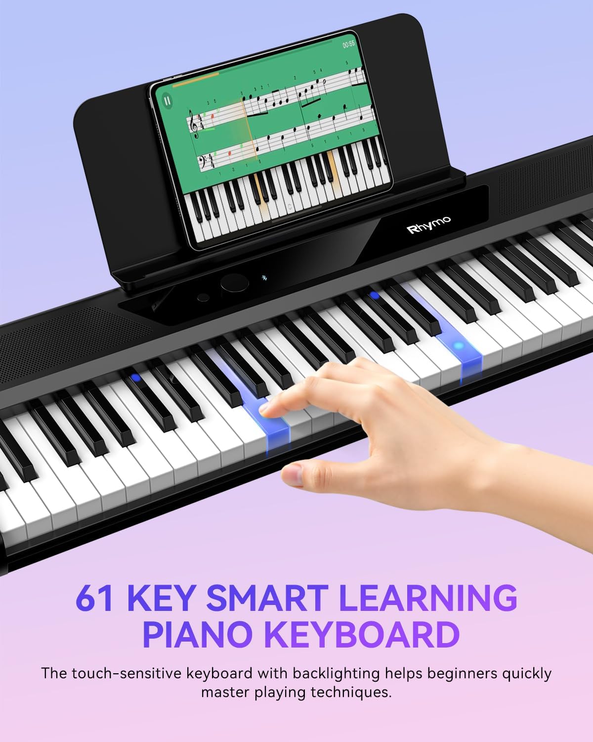Rhymo 61 Key Smart Keyboard for Beginners, Portable Light up Music Keyboard with Bluetooth, Music Stand, Earphones, Electric Piano Keyboard Built-In Dual Speakers and One-Year Free Apps for Practice
