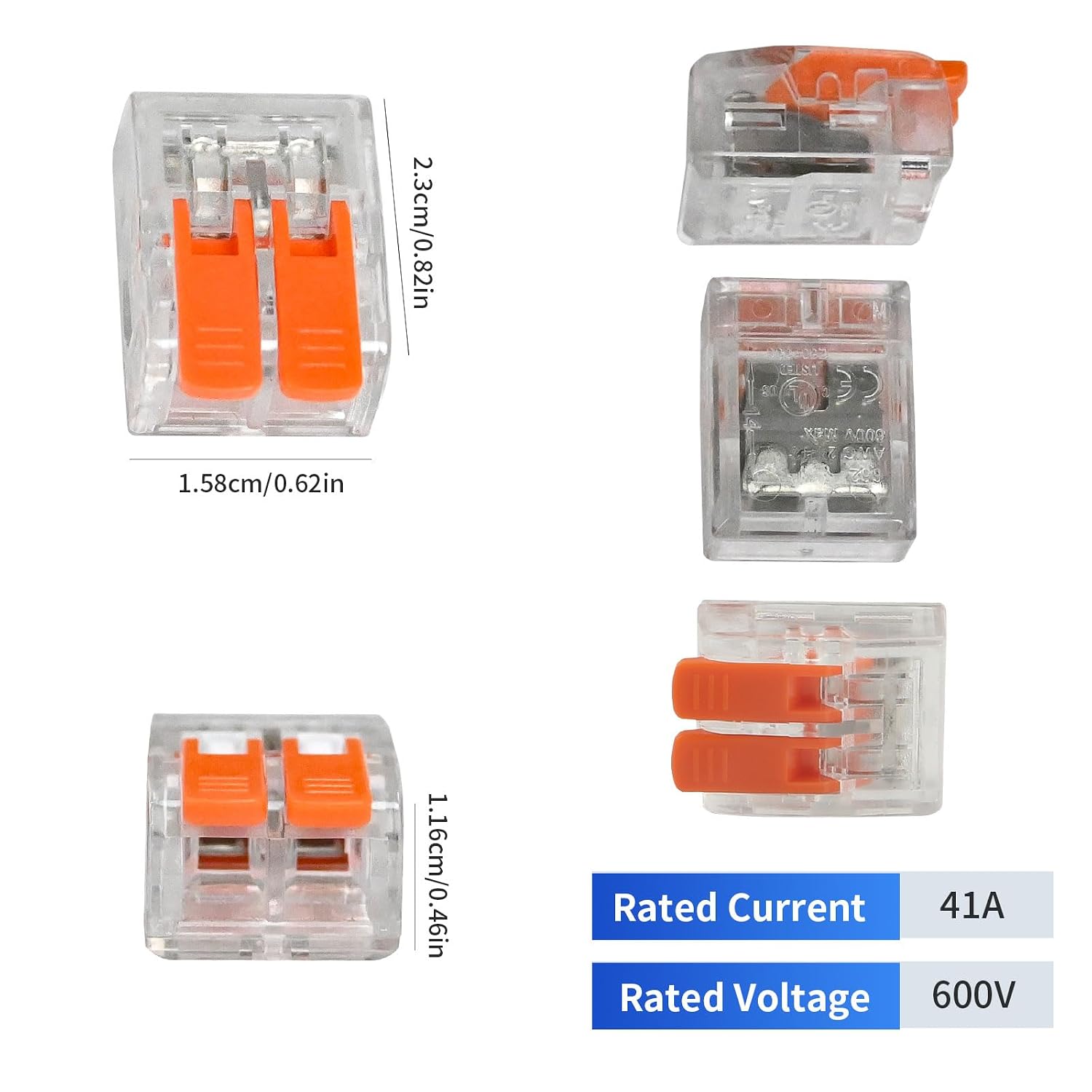 Lever Wire Connectors, 50Pcs Compact Splice Inline Nuts Electrical Wire Connectors Kit Push-in, 2 Ports Splice Connectors for Wiring 24-10 AWG