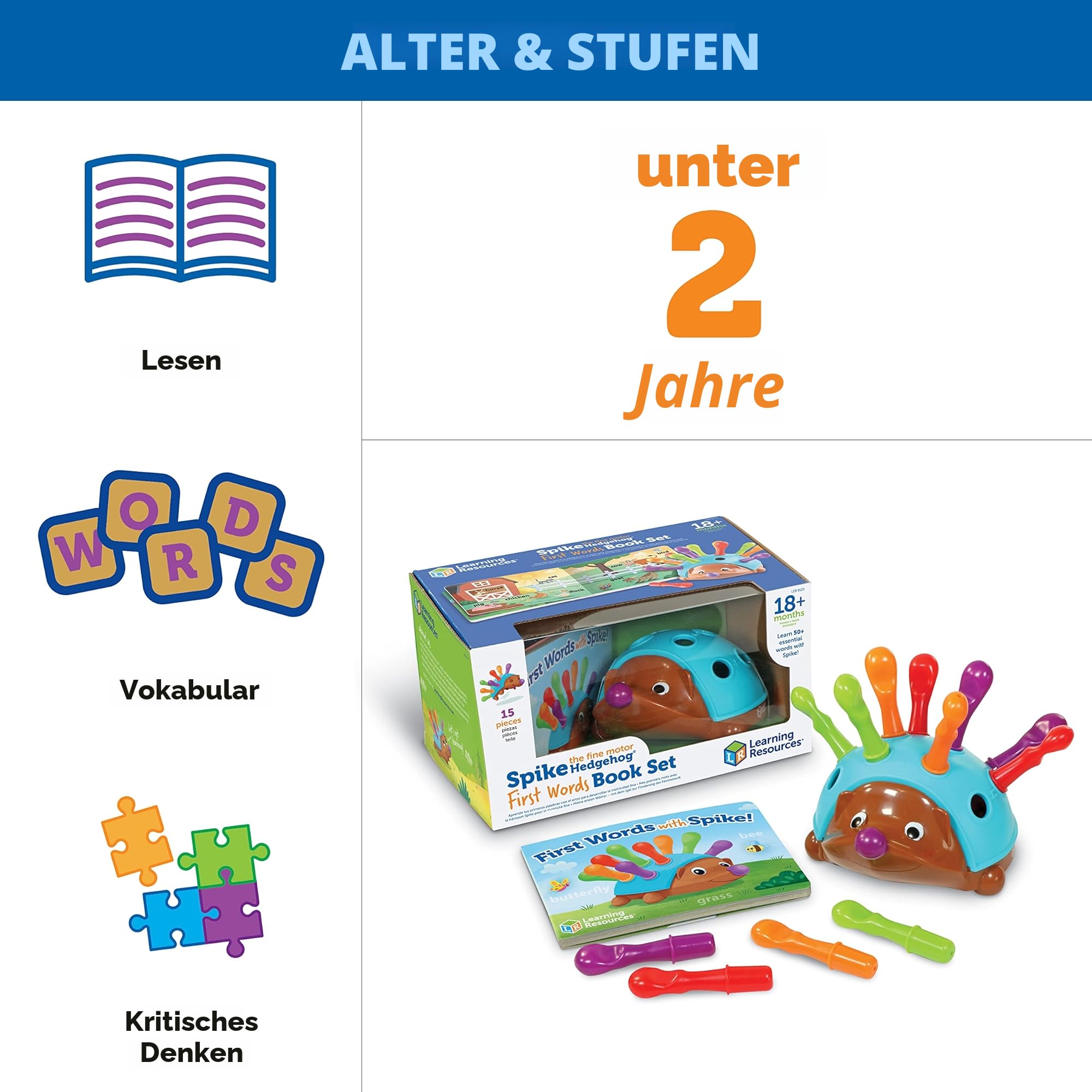 Learning Resources Spike, der Igel zur Förderung der Feinmotorik, Erste (englische) Wörter, Spiel- und Buchset, Kleinkinder-Spielzeug, Feinmotorik-Spielspaß, ab 18 Monaten