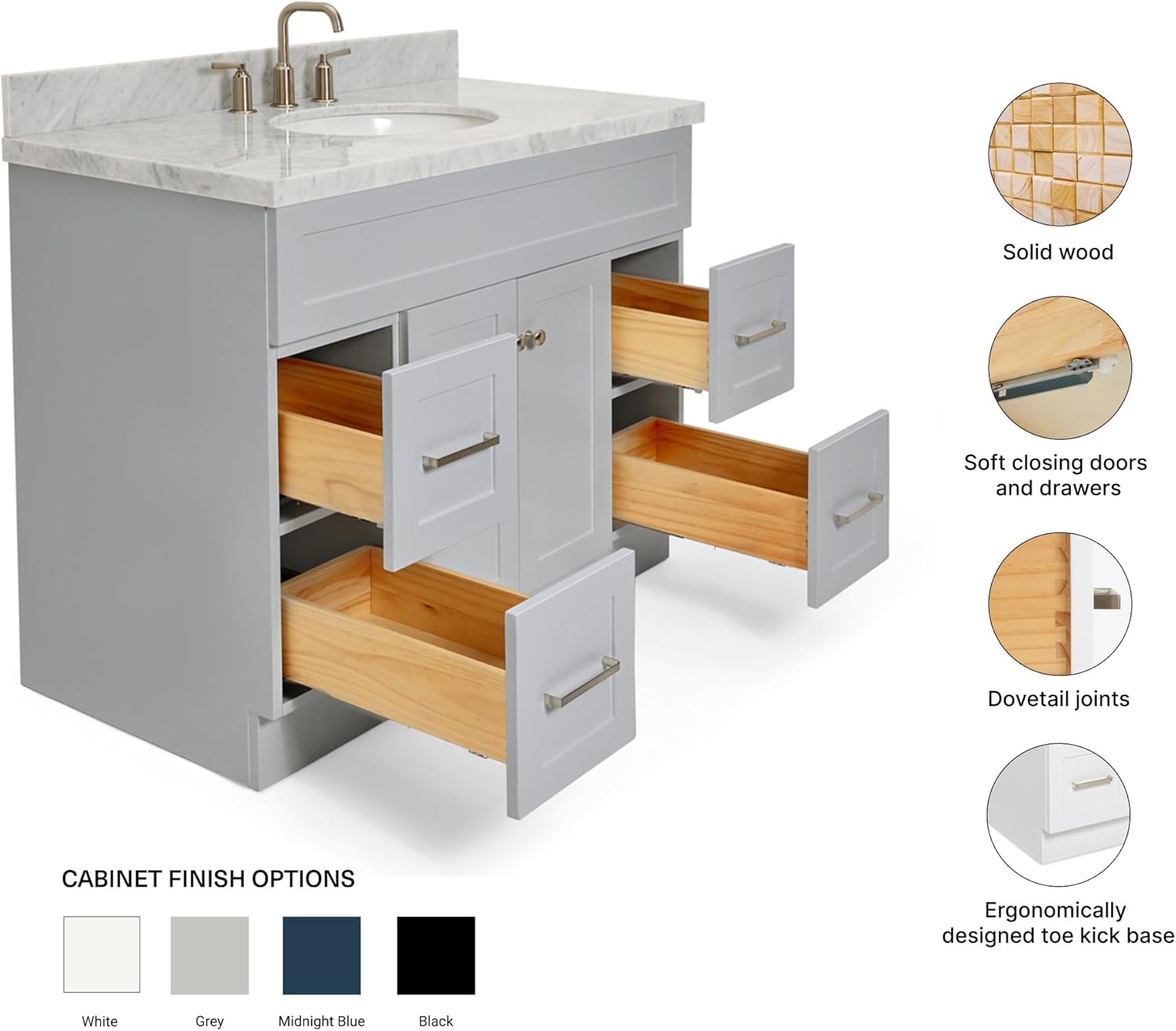 ARIEL Hamlet 42-inch Bathroom Vanity with Sink,Solid Wood, 1.5-inch Italian Carrara Marble Countertop & Backsplash, Single Oval Porcelain Sink, 2 Soft Closing Doors, 4 Dovetail Drawers, Grey