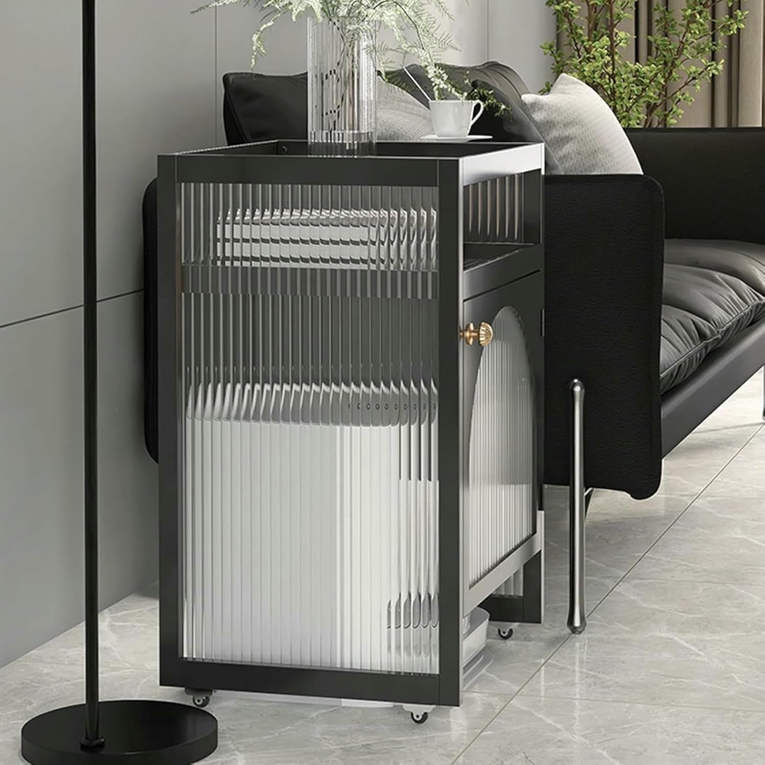 Vacuum Storage Cabinet Side Table, Metal Floor Sweeper Hidden Storage Rack, Freestanding Rack for Home Office and Living Room